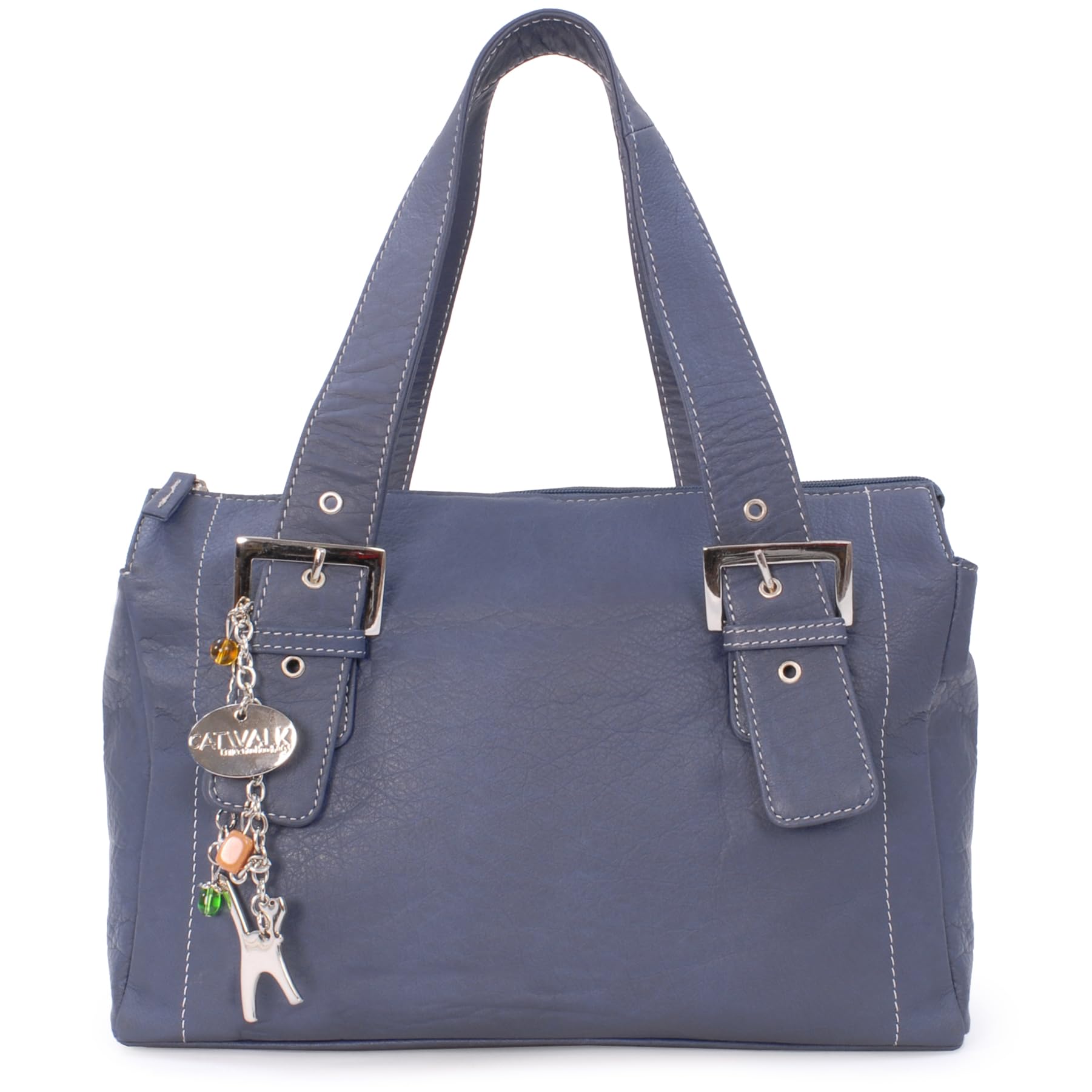 Catwalk Collection Handbags - Leren Schoudertas Dames - Middelgrote Handtas - Emmertas met Rits - Glastonbury - Blauw