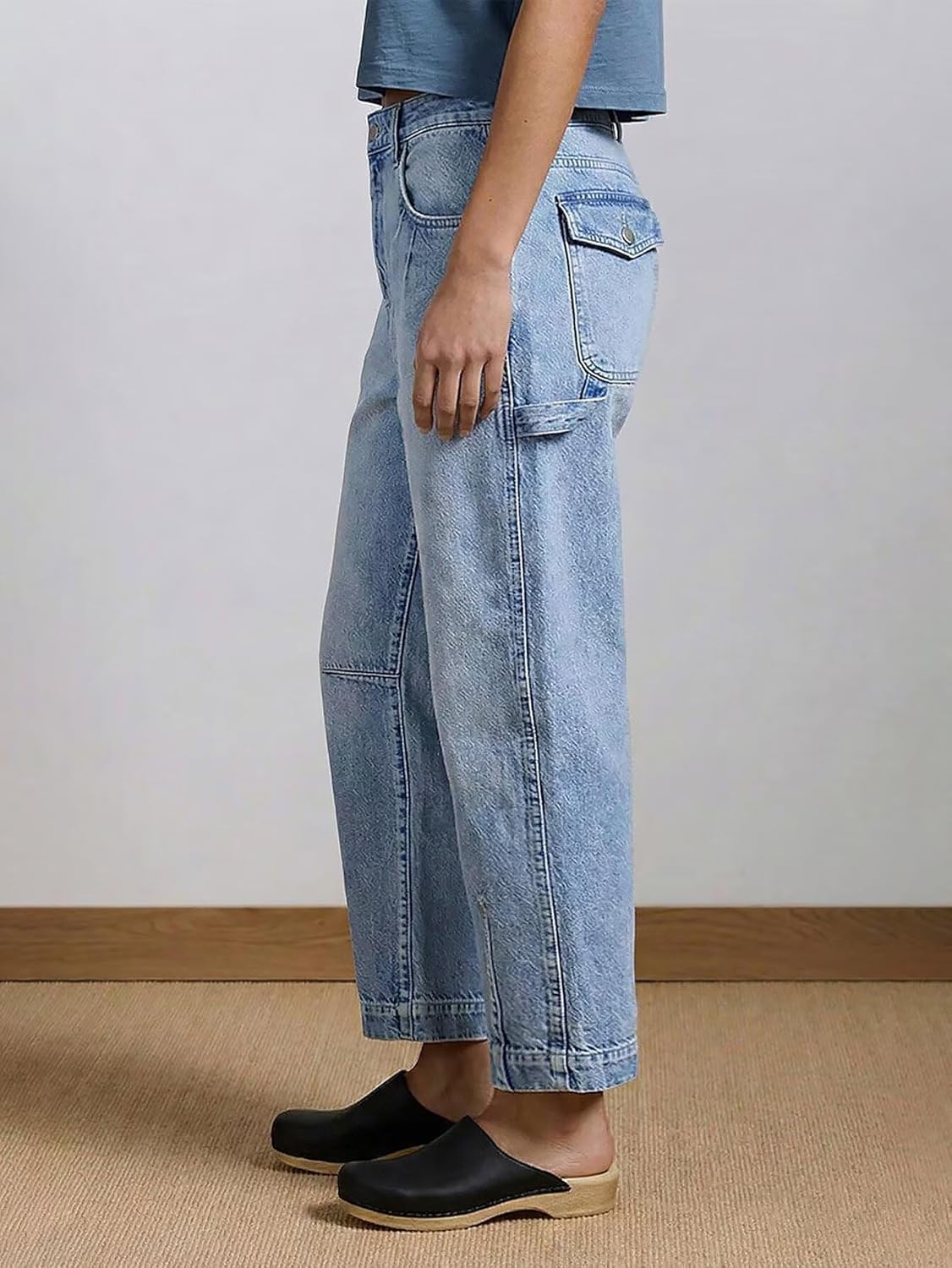 Flamingals Straight Leg Jeans for Women High Rise Barrel Cropped Casual Stretchy Wash Cargo Jeans with Flap Pocket