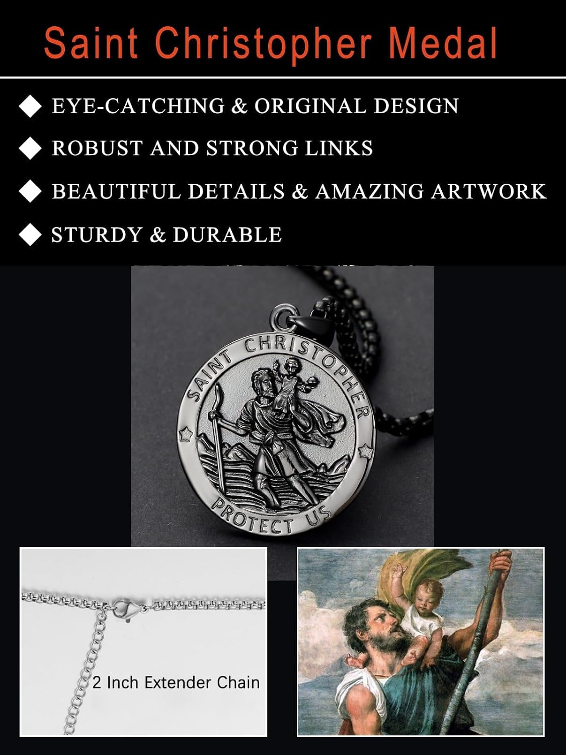 Seiyang Saint Necklace 925 Sterling Silver Patron Amulet Medal Jewelry for Men Women (with Gift Box)