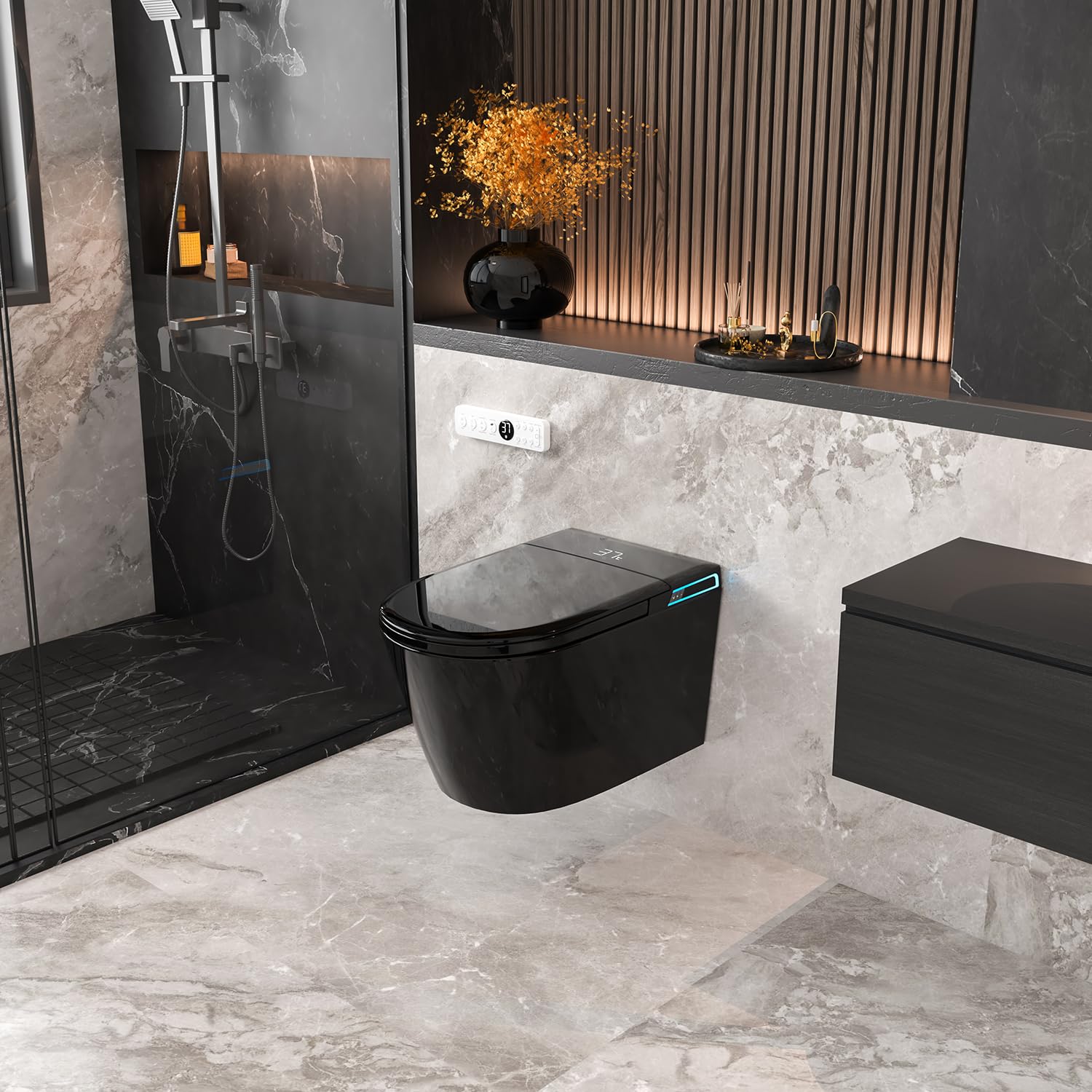 Smart WC nero da appendere alla parete, scarico automatico, coperchio con apertura e chiusura automatica, sedile riscaldato, acqua calda/asciugatrice, moderno bidet allungato con supporto a