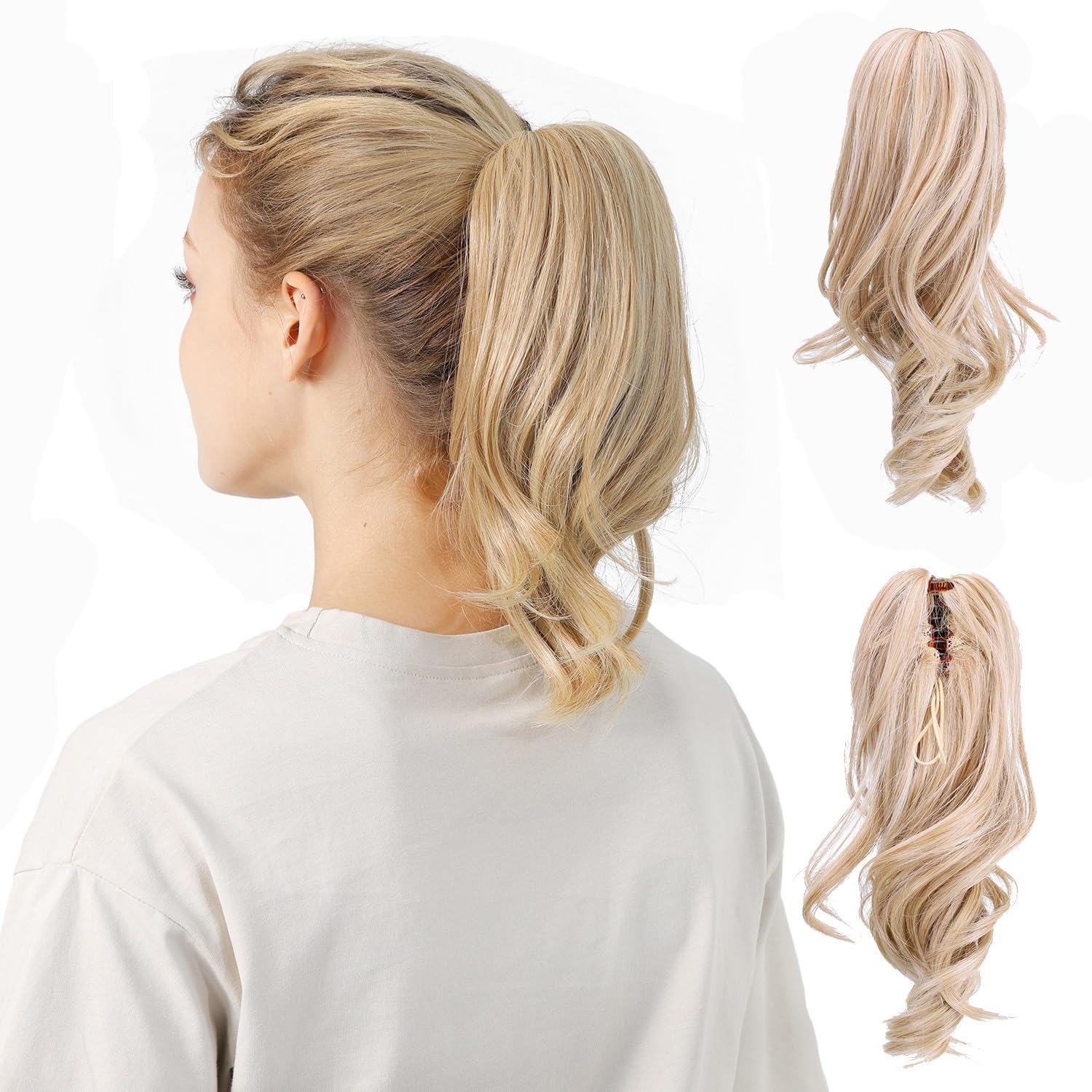 DAYCEN Wavy Hair Claw Ponytail Extension, Clip In Medium Length Synthetic Wave Ponytails For Women Girls (Medium Blonde)