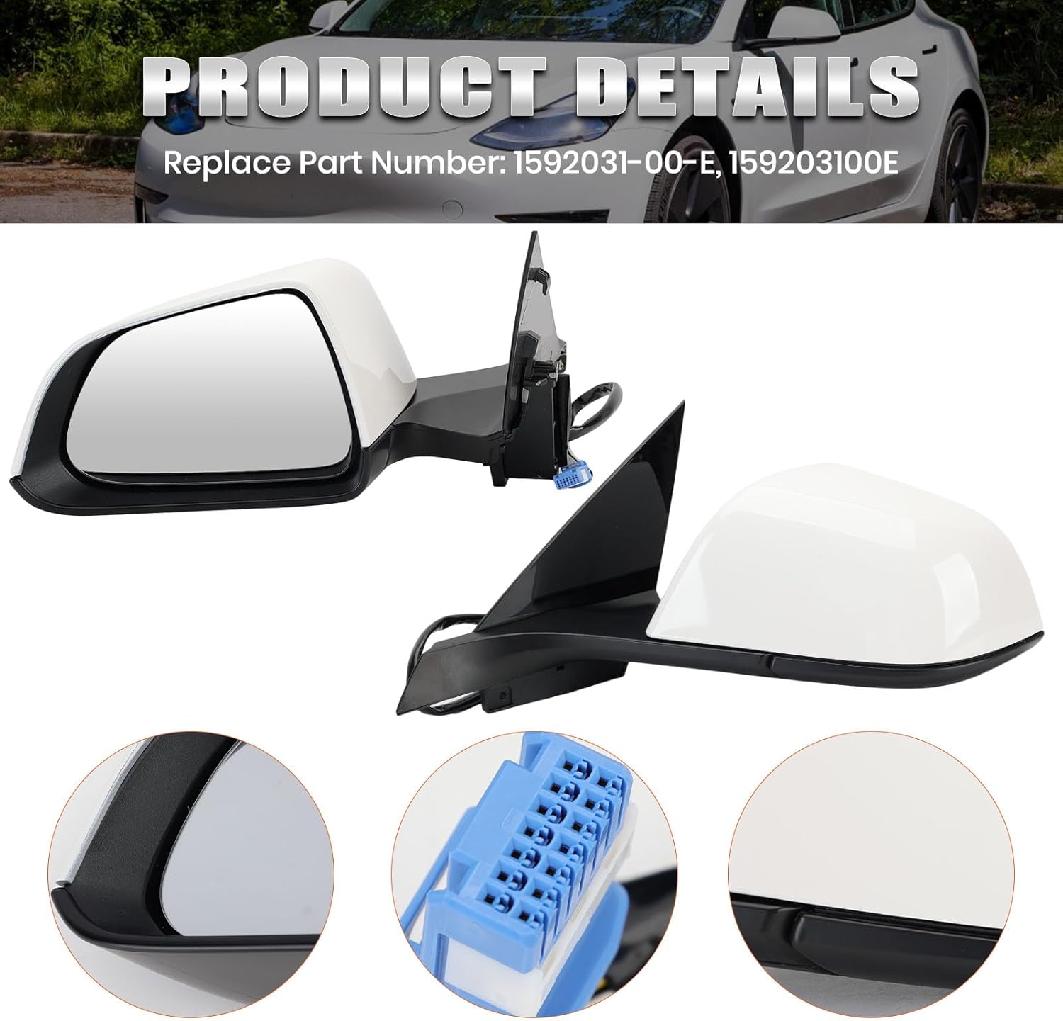 Left Driver Side Mirror Compatible with Tesla Model 3 2017-2023 Replacement 1592031-00-E, 159203100E Power Heated Memory 13 Pins (White)