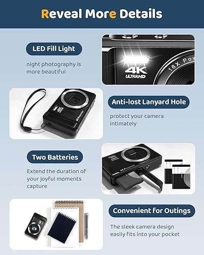 Miniatura 6 de Cámara digital 4K UHD Vlogging, cámara compacta de enfoque automático de 44 MP con zoom digital de 16X, cámara digital recargable de apuntar y