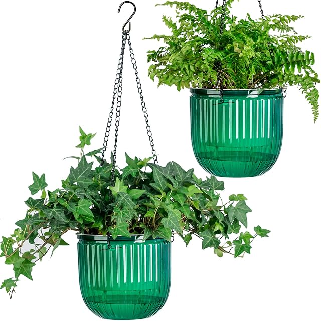Josteve 6.5 Inch 2 Pcs Self Watering Hanging Planter Indoor Plant Hanging Pots with Drainage Holes, Outdoor Hanging Planters Flower Pot Basket, Visible Water Level, Plant Hanger Home Decor, Gardening