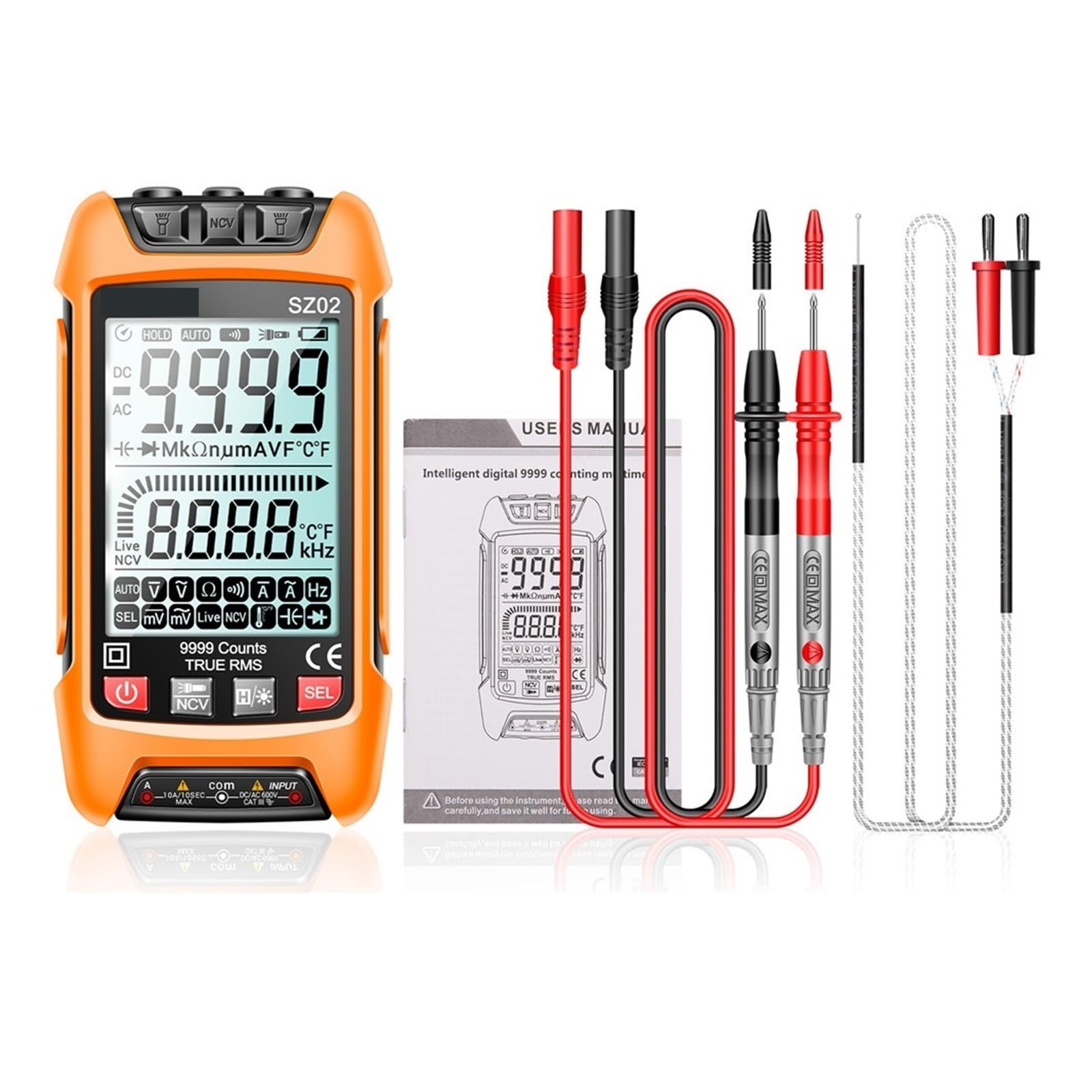 Cyfrowy Multimetr Tranzystorowy Inteligentne Testery 9999 Zlicza True Automatyczny Miernik Pojemności Elektrycznej Odporność Na Temperaturę Szybko Dokładnie Łatwy Odczyt(SZ02 Orange)