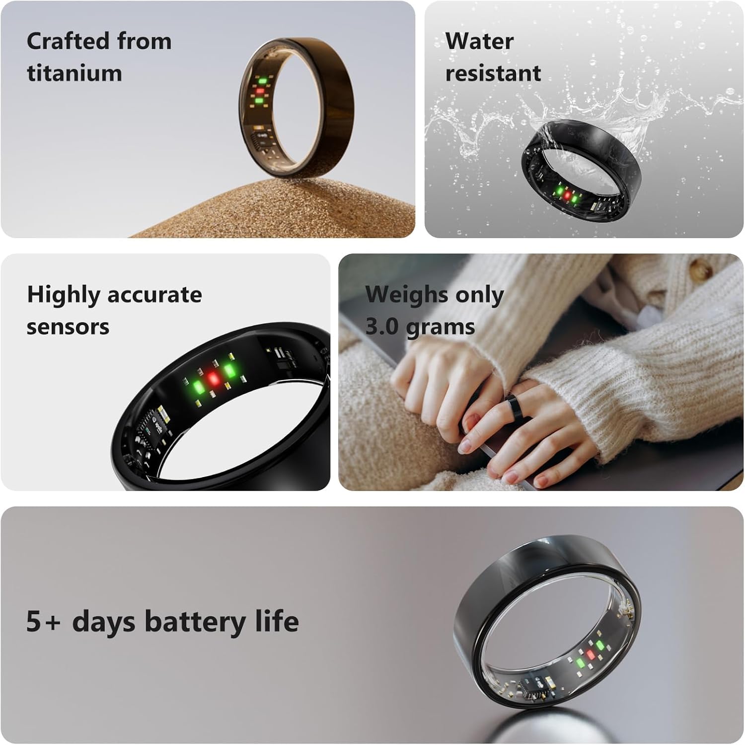 Titanium Smart Ring, Sleep & Activity Tracking Ring with Heart Rate, HRV, Stress Insights, 7-Day Battery Life, No Subscription, IP68 Waterproof, iOS & Android Compatible (Black, 8)
