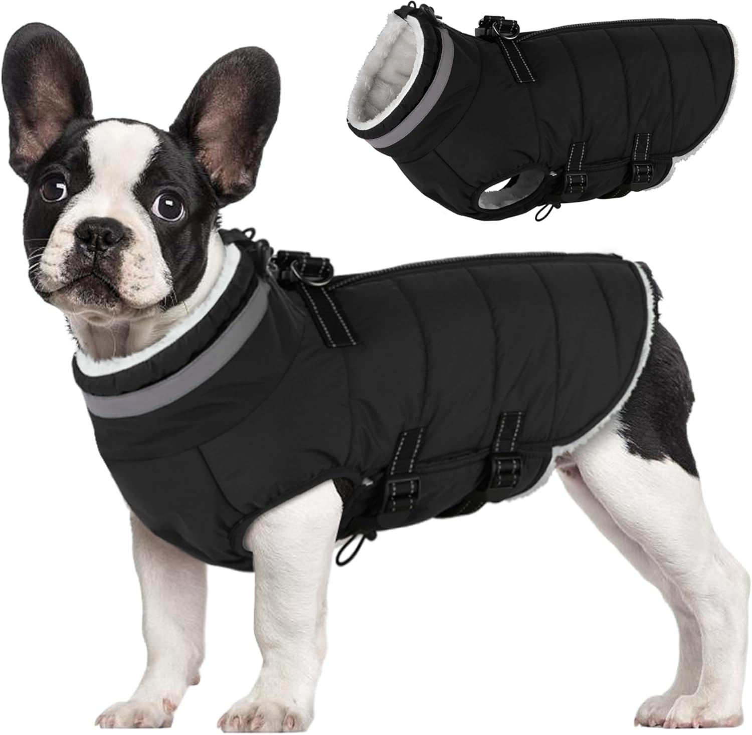 Mklhgty Small Dog Coat with Harness Built-in, Waterproof Reflective Fleece Lined - Warm Windproof Winter Jacket with Back Zipper, Cold Weather Snow Dog Coats - Black - XS