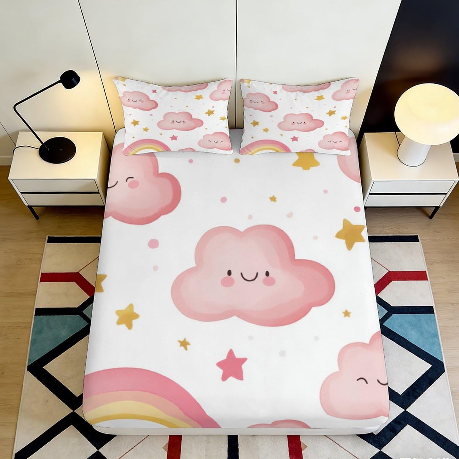 3D Printed Cloud Rainbow Fitted Sheet Microfiber Deep Pocket All Around Microfiber Cloud Mattress Fitted Cover Washable for Bedroom 140x200x25cm