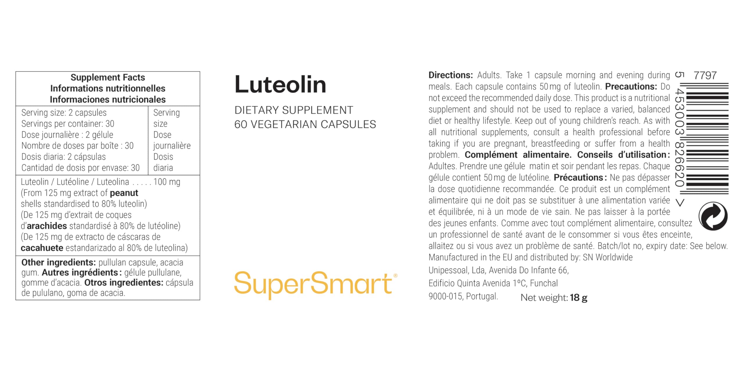 Luteolin – Reines Luteolin‑Flavon aus Erdnussschalen – Pflanzliches, glutenfreies, veganes Nahrungsergänzungsmittel – 60 vegane Kapseln – SuperSmart