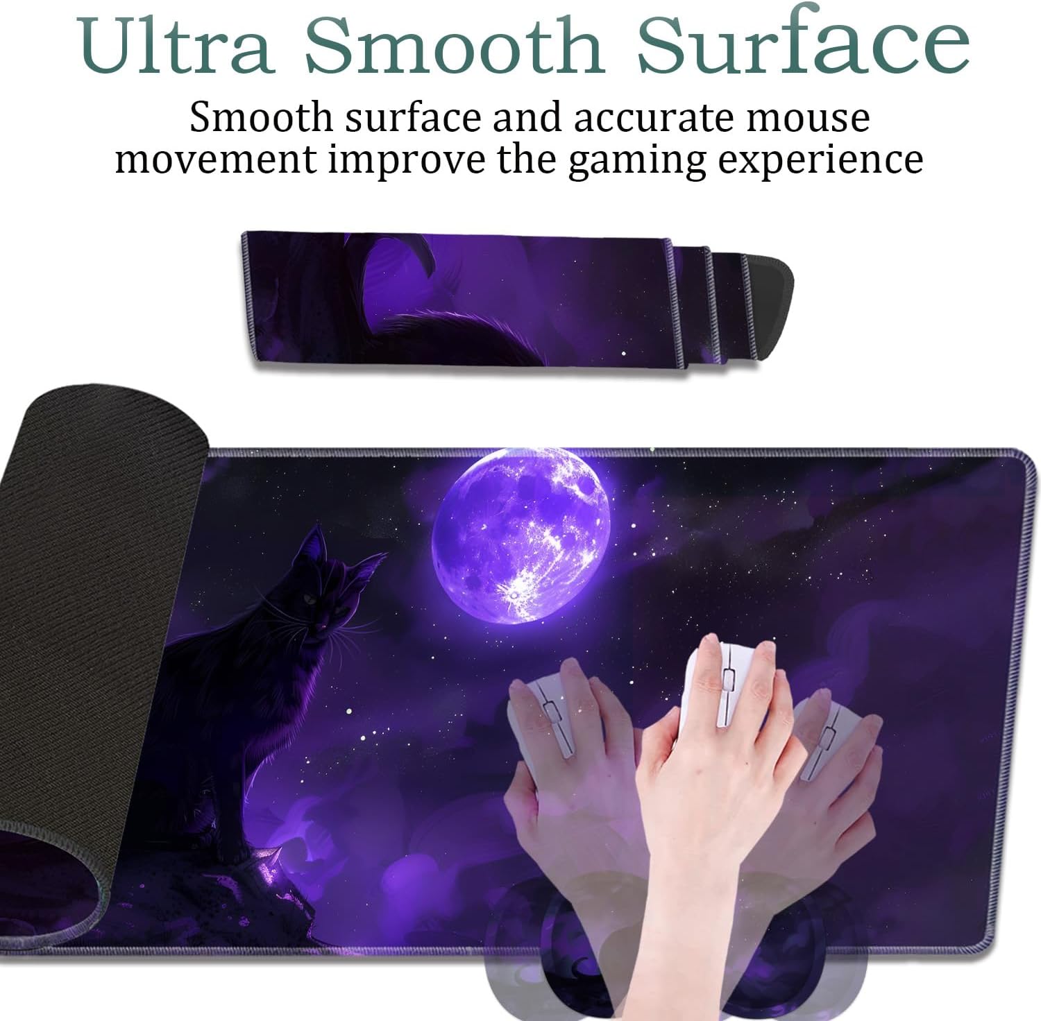 Large Gaming Mouse Pad + Wrist Rest + Lace Coaster Non-Slip Set, with Sewn Edges and Waterproof Expandable Desktop Pad, Suitable for Office/Home, Black Cat and Purple Moon