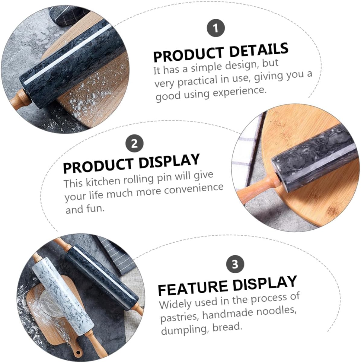 Natural Marble Rolling Pin with Wooden Handle for Dough Baking Non-stick Pastry Roller for Cookies Bread and Fondant Smooth Kitchen Tool for Home Bakers and DIY Cooking Fun