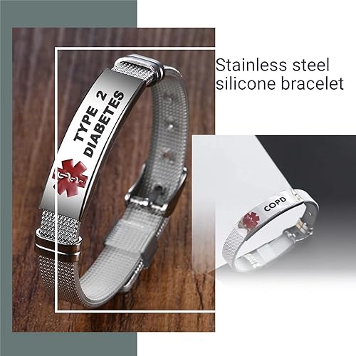 Miniatura 2 de Pulsera de identificación médica de acero inoxidable, diseño de correa de reloj de rejilla, ajustable, identificación de alerta médica de