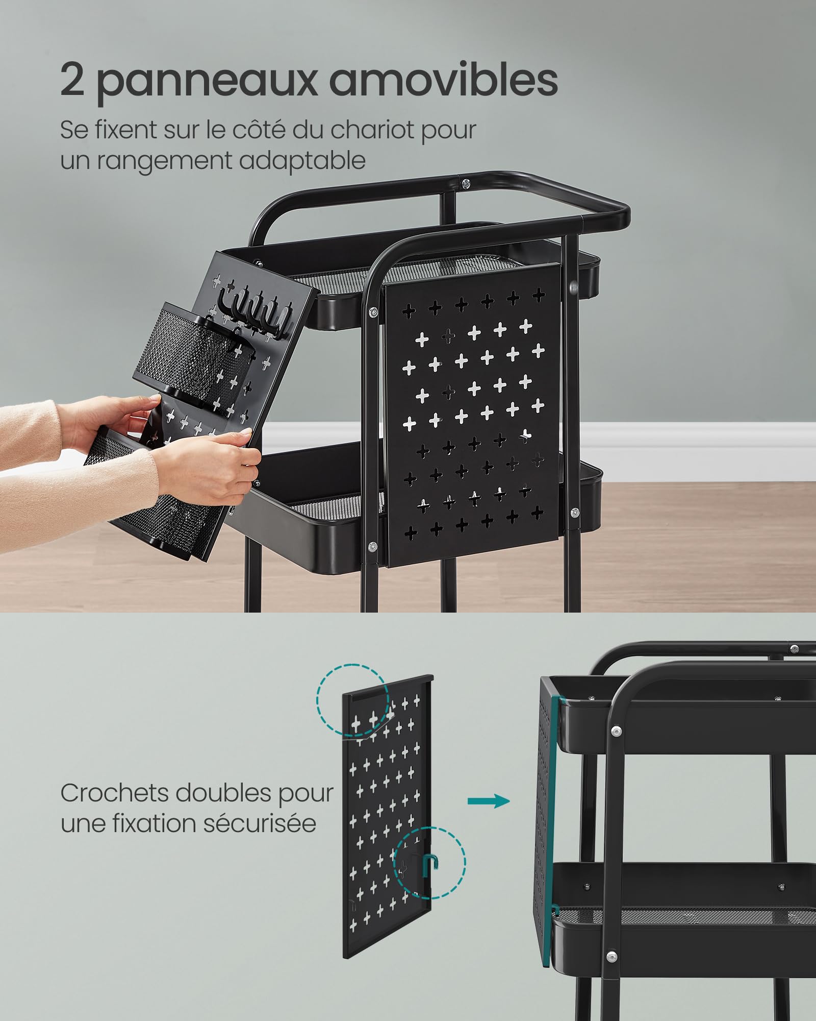 SONGMICS Chariot de Rangement, 3 Plateaux en Maille Métallique, 2 Panneaux Perforés Amovibles, 2 Supports Suspendus, 4 Crochets, pour Bureau, Cuisine, Salon, Salle de Bain, Noir d’Encre LRC037B01