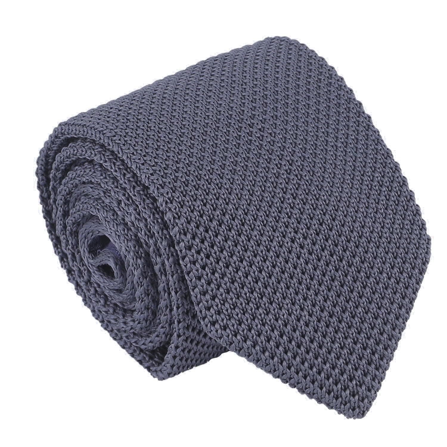 DQT Mens Plain Knitted Tie - 7cm Slim Width Knit Necktie - Wedding, Business & Formal - Charcoal