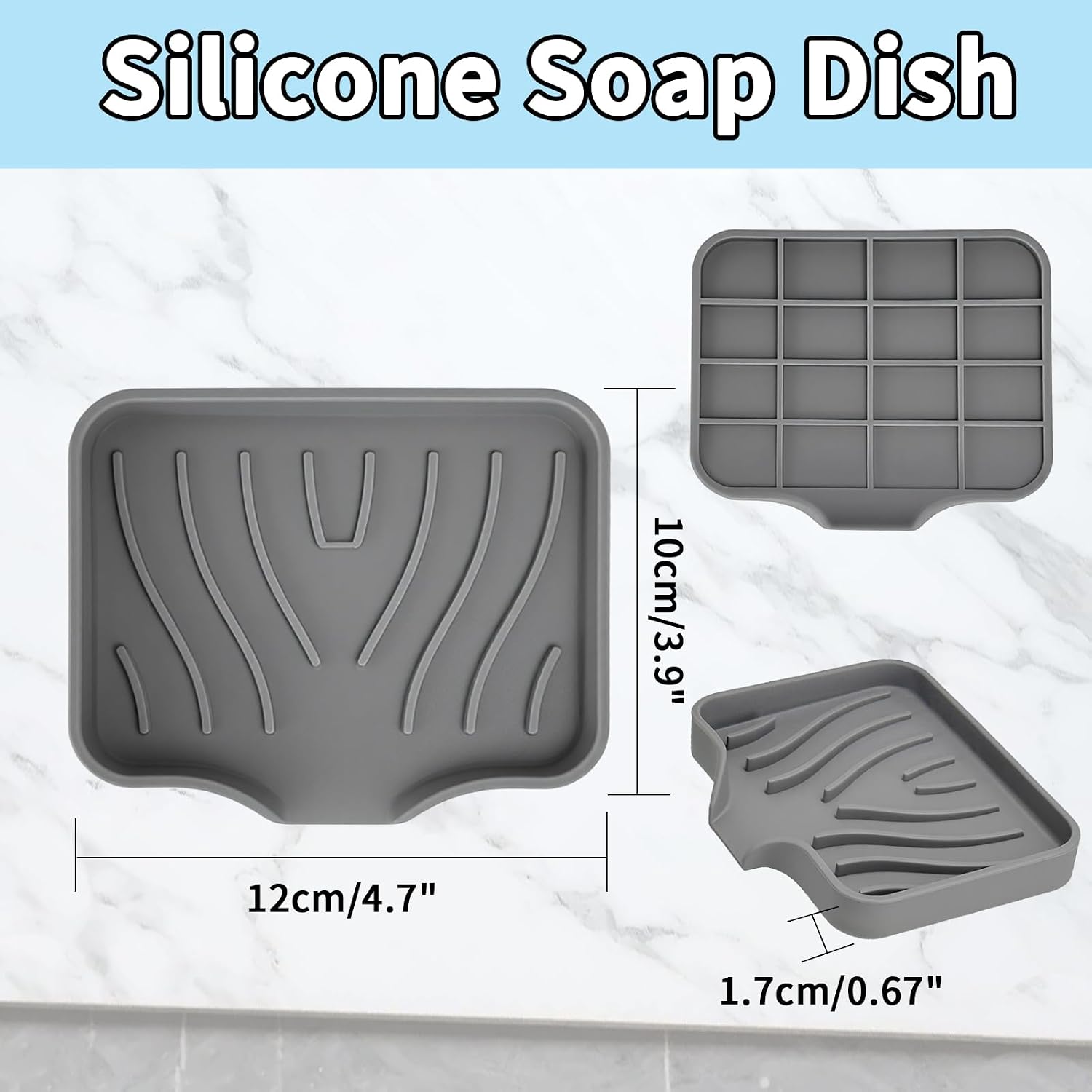 2 Pack Silicone Soap Dish with Drain, Self Draining Bar Soap Holder for Shower, Silicone Dish Soap Tray, Bathroom and Kitchen Sink Organizer, Grey image 2
