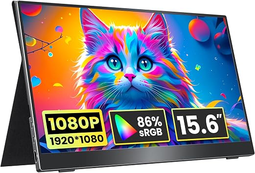 kksmart Portable Monitor 15.6 inch 1080P FHD 86% sRGB 60Hz, Travel Monitor for Laptop MacBook Surface PC Xbox PS5, HDMI USB-C VESA Compatible Built-in Speaker