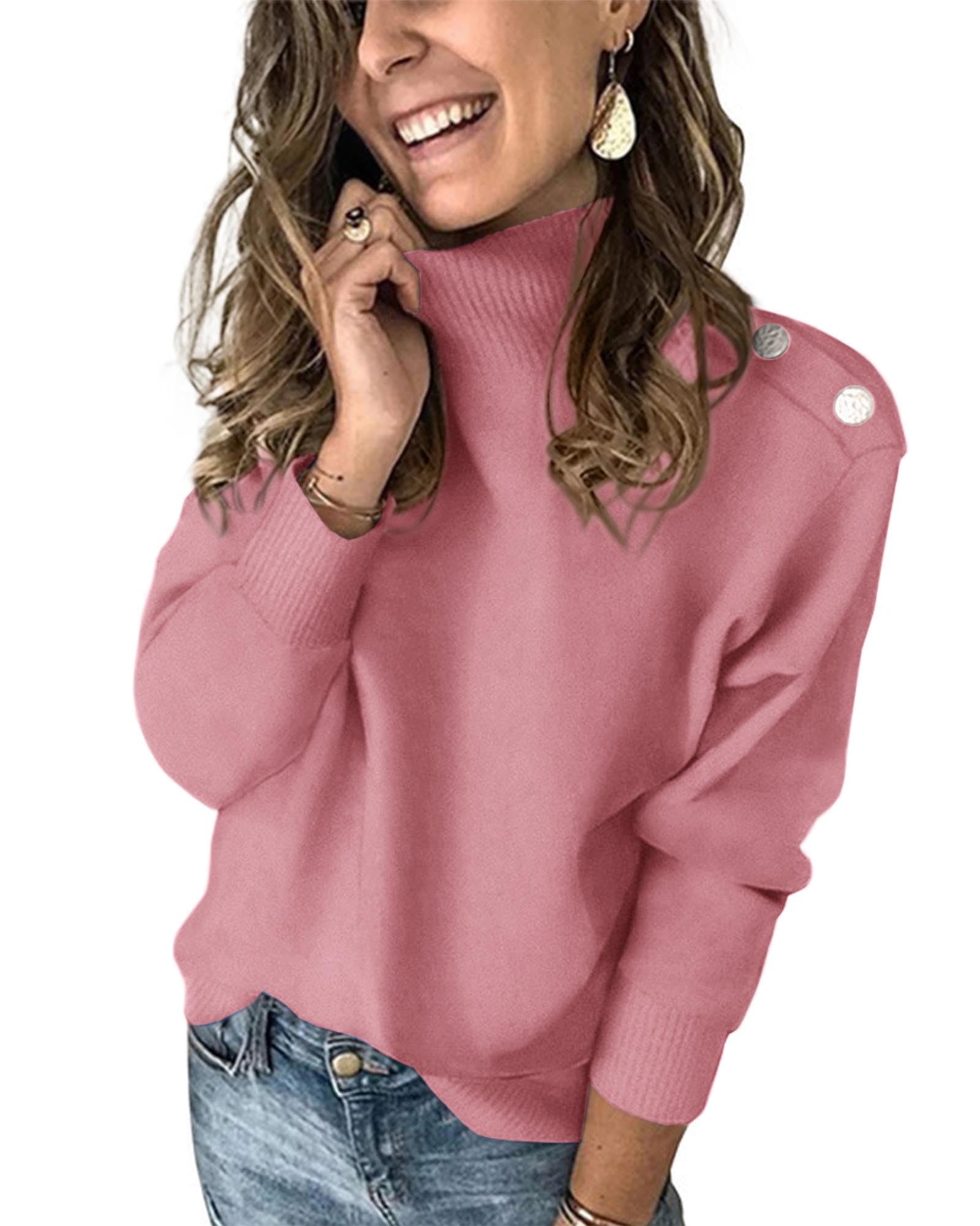 KIRUNDO Fall Sweaters for Women Striped Turtleneck Sweater | Ribbed Knit, Mock Neck, Long Sleeve, Trendy Pullover Jumper, Shoulder Decoration Button, 2026 Autumn Winter Fashion Clothing
