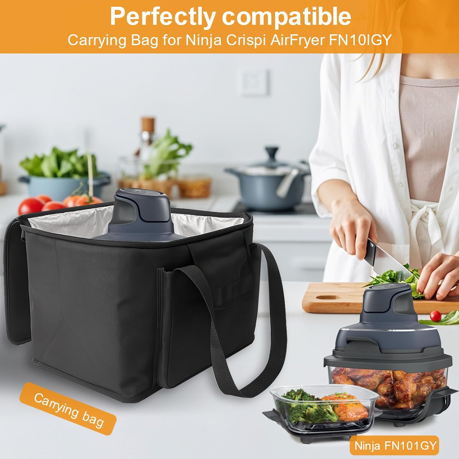 Carrying Bag for Ninja Crispi Air Fryer FN101GY, 14.2×10.8×10.2 IN Oxford Cloth Heavy Duty Heat-resistant Waterproof Portable Outdoor Storage Carrier Case with Pockets Compatible with Deep Fryer