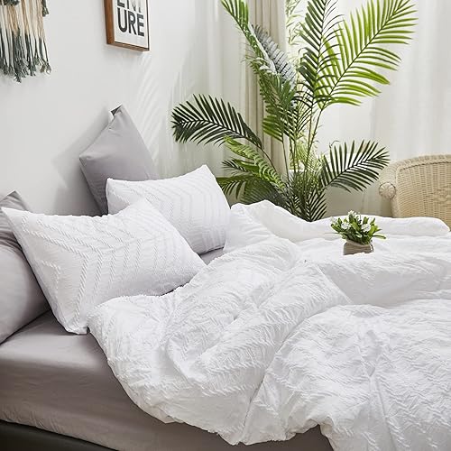Miniatura 6 de Houseri - Juego de edredón tamaño King - Ropa de cama acolchada blanca sólida - Patrón de jacquard bohemio - Estilo shabby chic blanco total -
