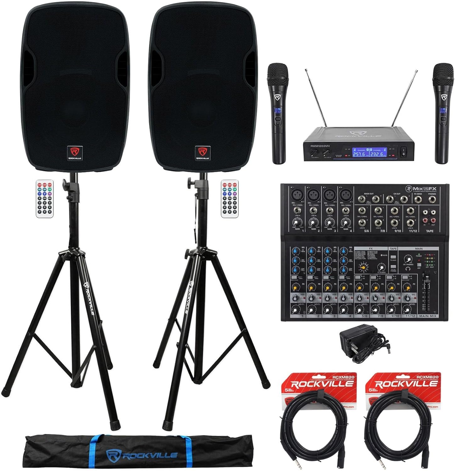 Audiosavings Bundle: (2) Rockville BPA15 15" 800W Speakers+ (1) Mackie Mix12FX Mixer w/FX+ (2) RVSS2 Stands w/Bag+ (1) RWM1203VH Dual Mic+ (2) RCXMB20B 20' XLR-TRS Cables (7 Items)