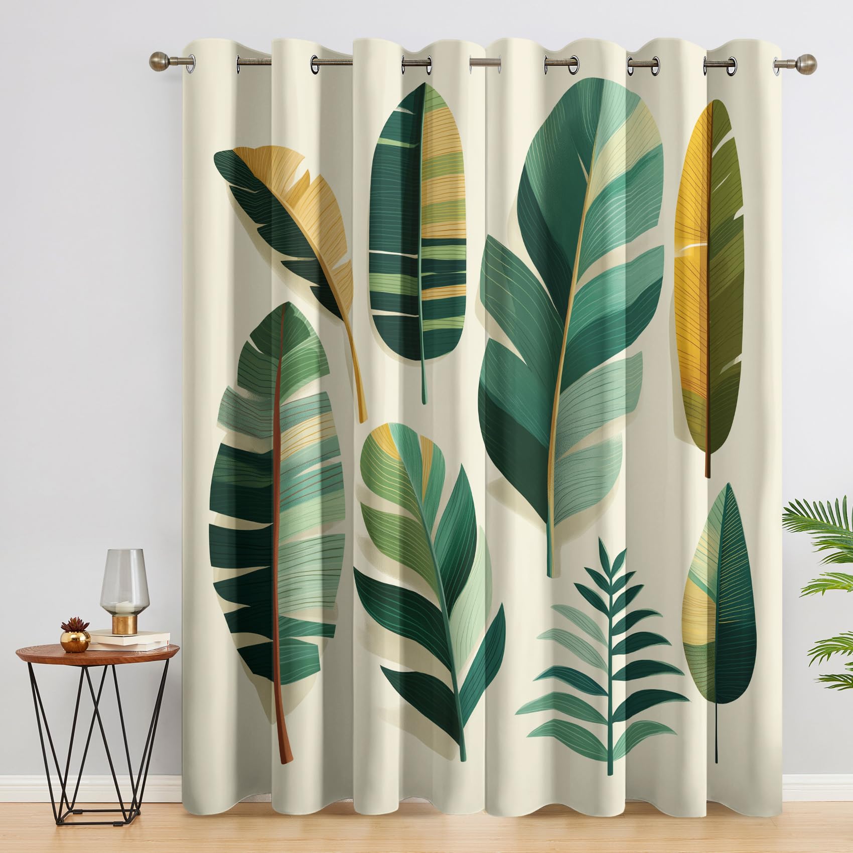 Rideau Occultant Feuille De Bananier, Feuilles Tropicales Motif Rideaux Thermiques à Oeillets, Rideaux Imprimé pour Salon Chambre Fenetre Moderne Décoration, 117x183 cm (L x H), Lot de 2