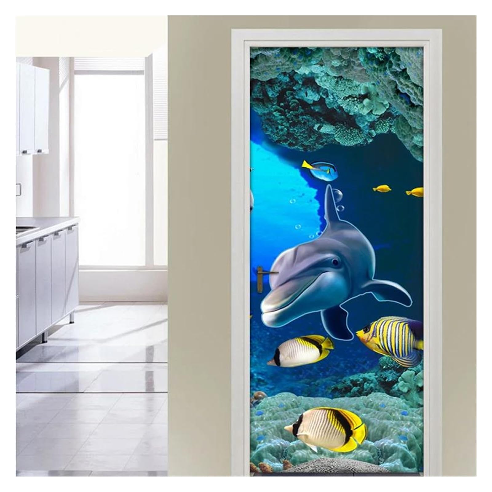 Sticker porte 3D dauphin : camouflez les defauts et égayez la chambre enfant 77x200cm