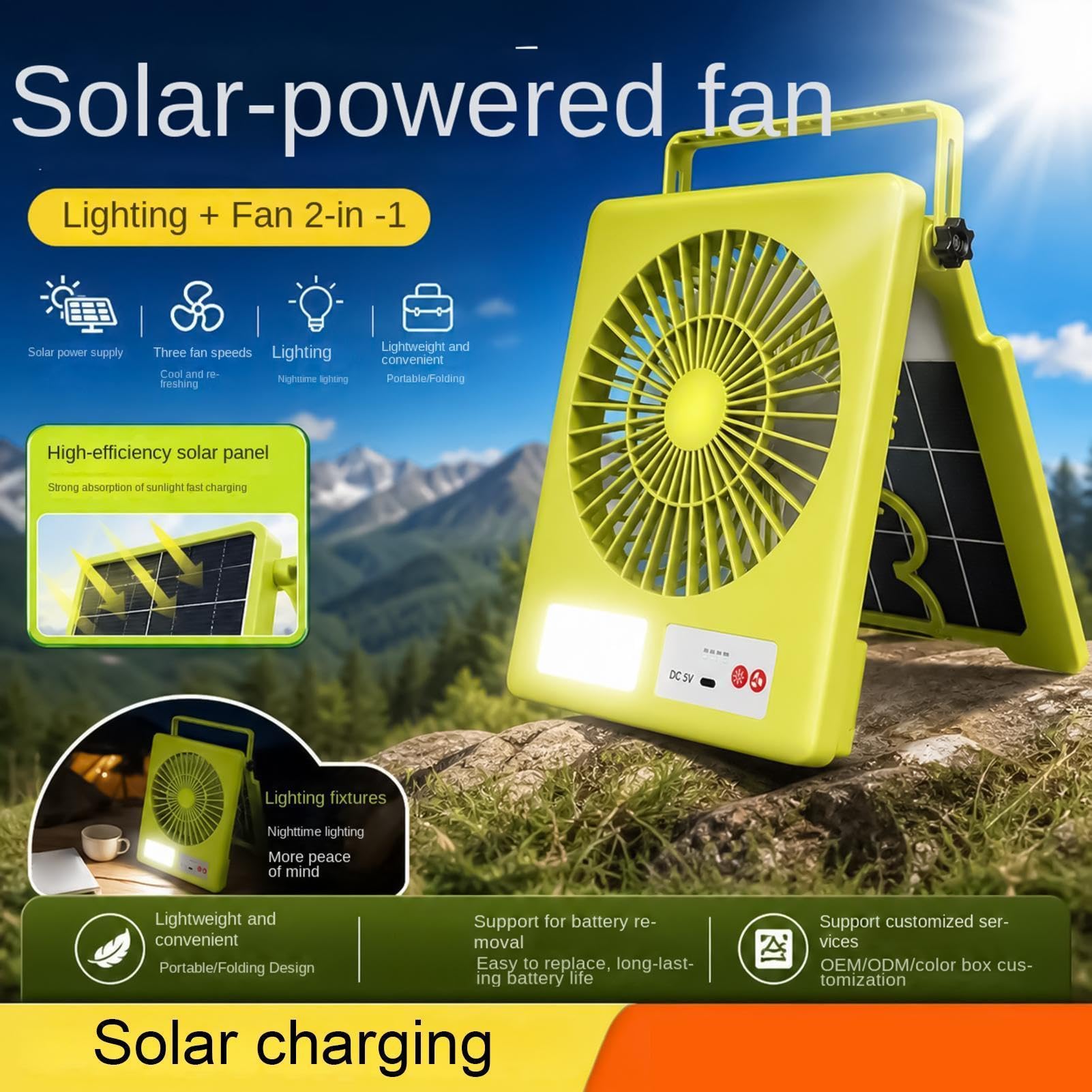 Generico Ventilatori Per Esterni Ricaricabile e Portatile con Luce LED | Ventilatore Solare da Campeggio con Luce per Tende, Esterno, Spiaggia, Festival Estivi, Escursionismo, Casa, Pesca