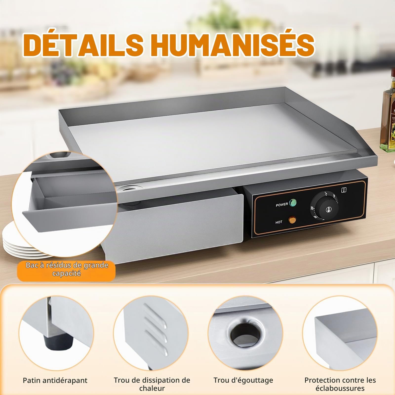 Plancha Électrique Plaque De Acier Inoxydable 53cm Antiadhésive 3000W Professionnelle De Cuisson En Le Fer Durable Grill, Epaisseur De La Surface De Cuisson : 8mm