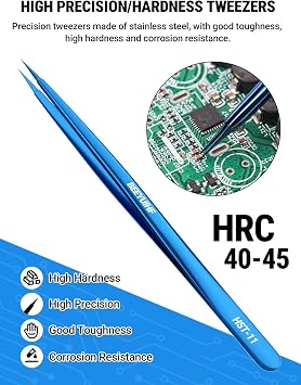 Precision Tweezers, Stainless Steel Fine-Pointed Tweezers for Electronics, Crafts, Soldering, PCB Rework, Repair, Laboratory Work, and Jewelry-Making Tweezers #HST-11