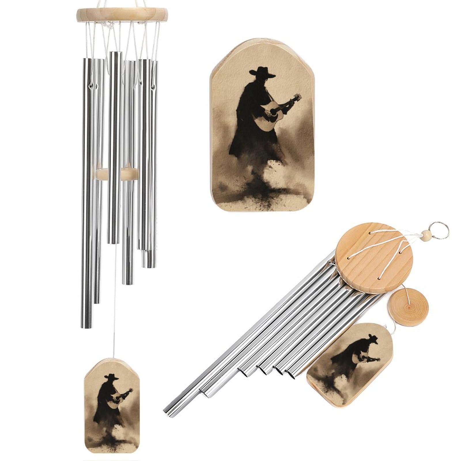 Abstract Western Cowboy Holding Guitar Wind Chimes Memorial Deep Tone Windchime with 6 Aluminum Tubes Outdoor Backyard Garden Decoration