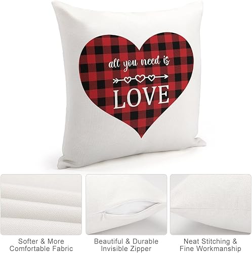 Miniatura 10 de Funda de cojín con diseño de corazón de amor rojo y negro diseño de búfalo rojo y negro funda de almohada decorativa de lino con cremallera cuadrada