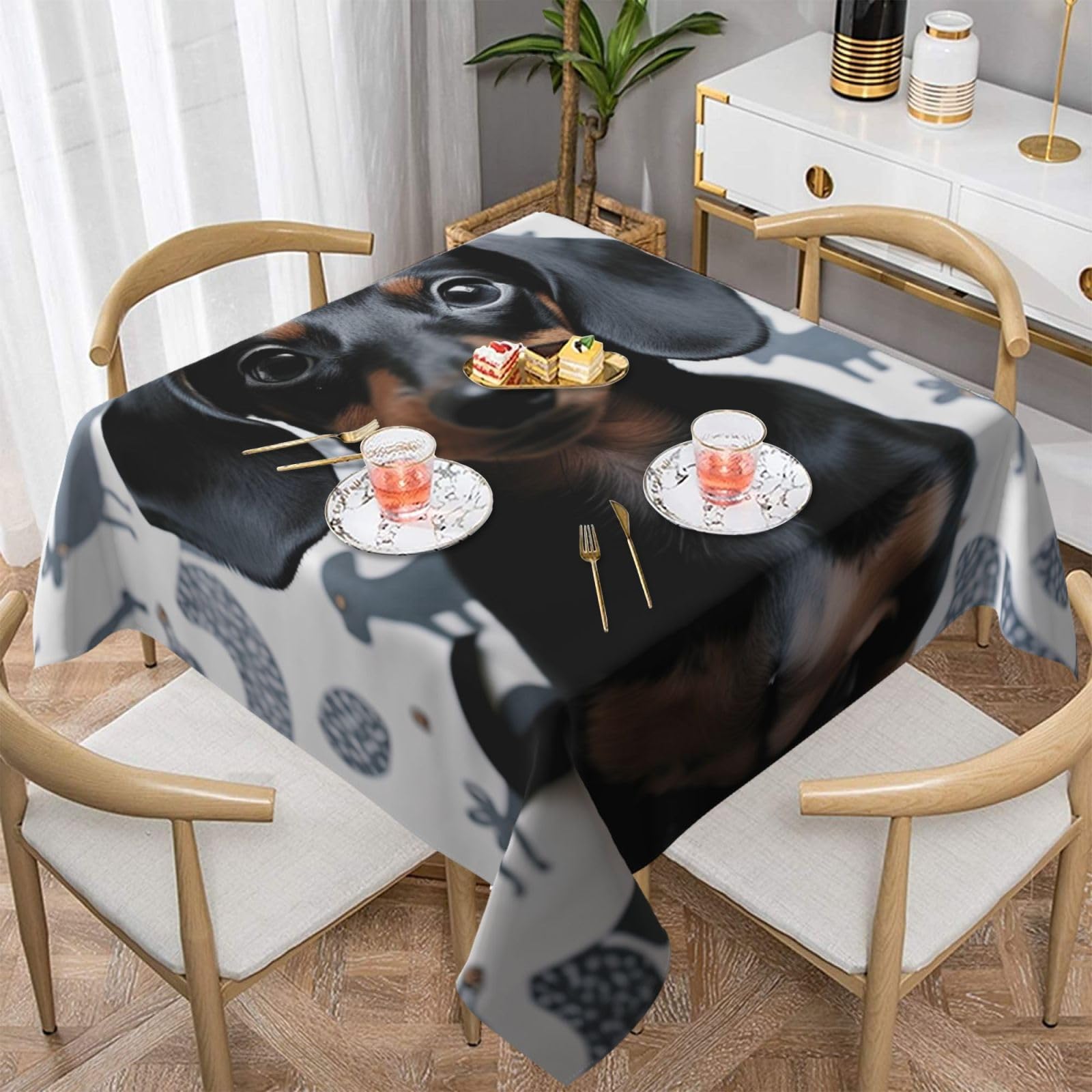 WPKJU Cute Dachshund Dog Printed Square Tablecloth 60x60 inch Water Resistant Table Cover Washable Rectangle Table Cloth for Dining Tables
