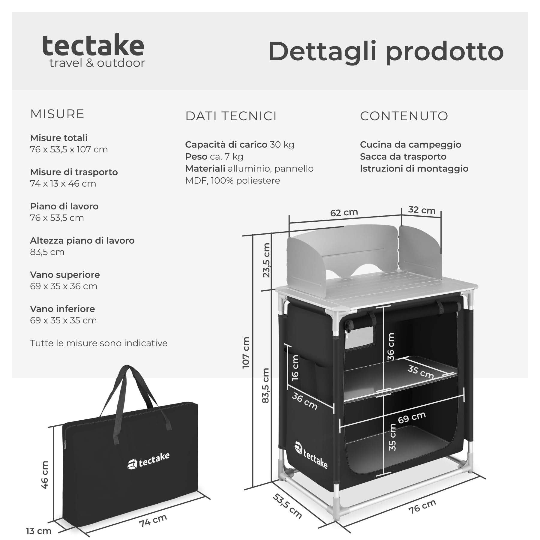 tectake® Cucina da Campeggio, Struttura in Alluminio, Mobile da Campeggio, Piano di Lavoro e Ripiani Portaoggetti, Cucina da Esterno per Fornello a Gas, Borsa Trasporto