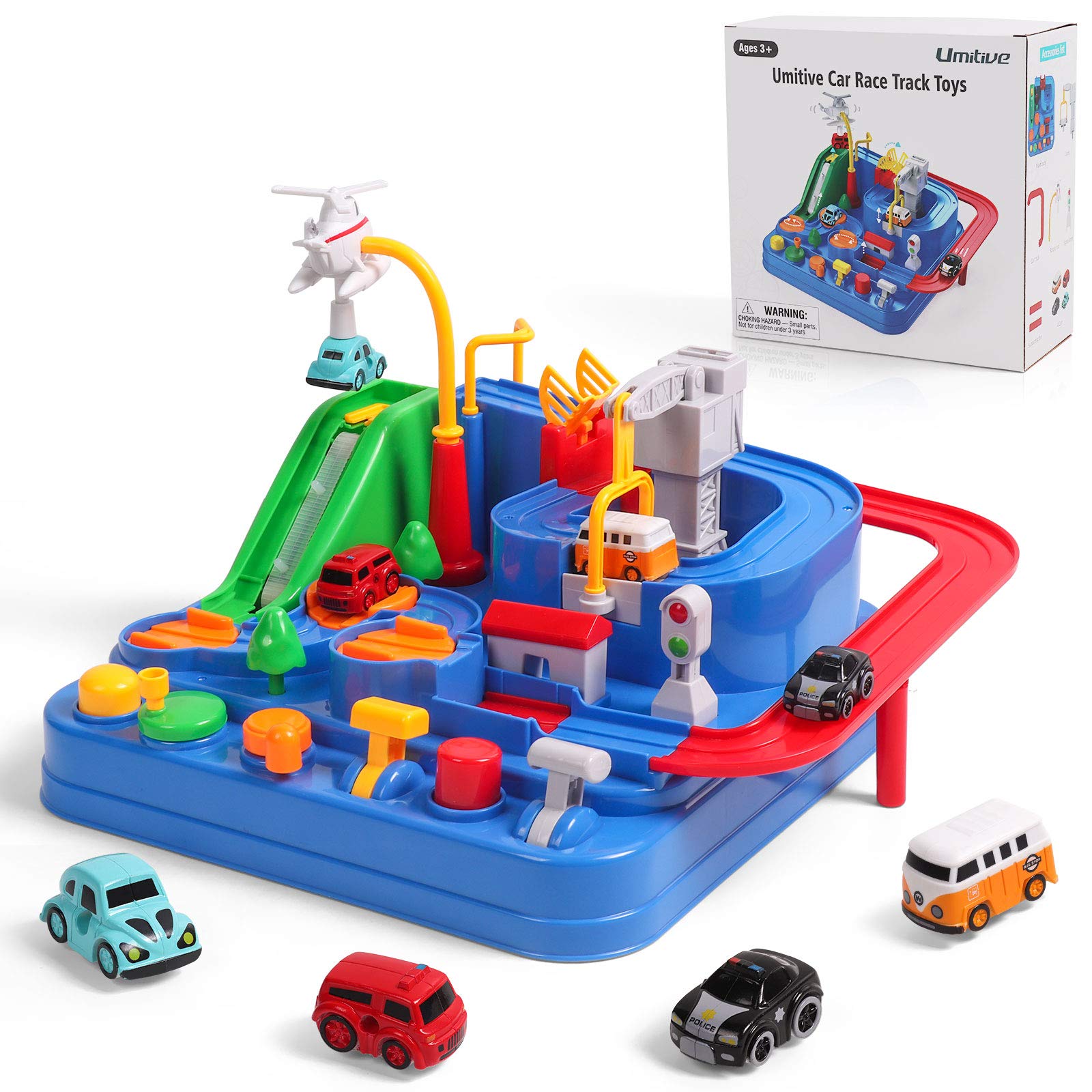 Umitive Pista de Coches para Niños, Cars Juguetes de Aventura Playsets con Ciudad Rescate Pista, Juegos Interactivos Montessori Educativo para Niños 3 4 5 6 7 8 años (Small)