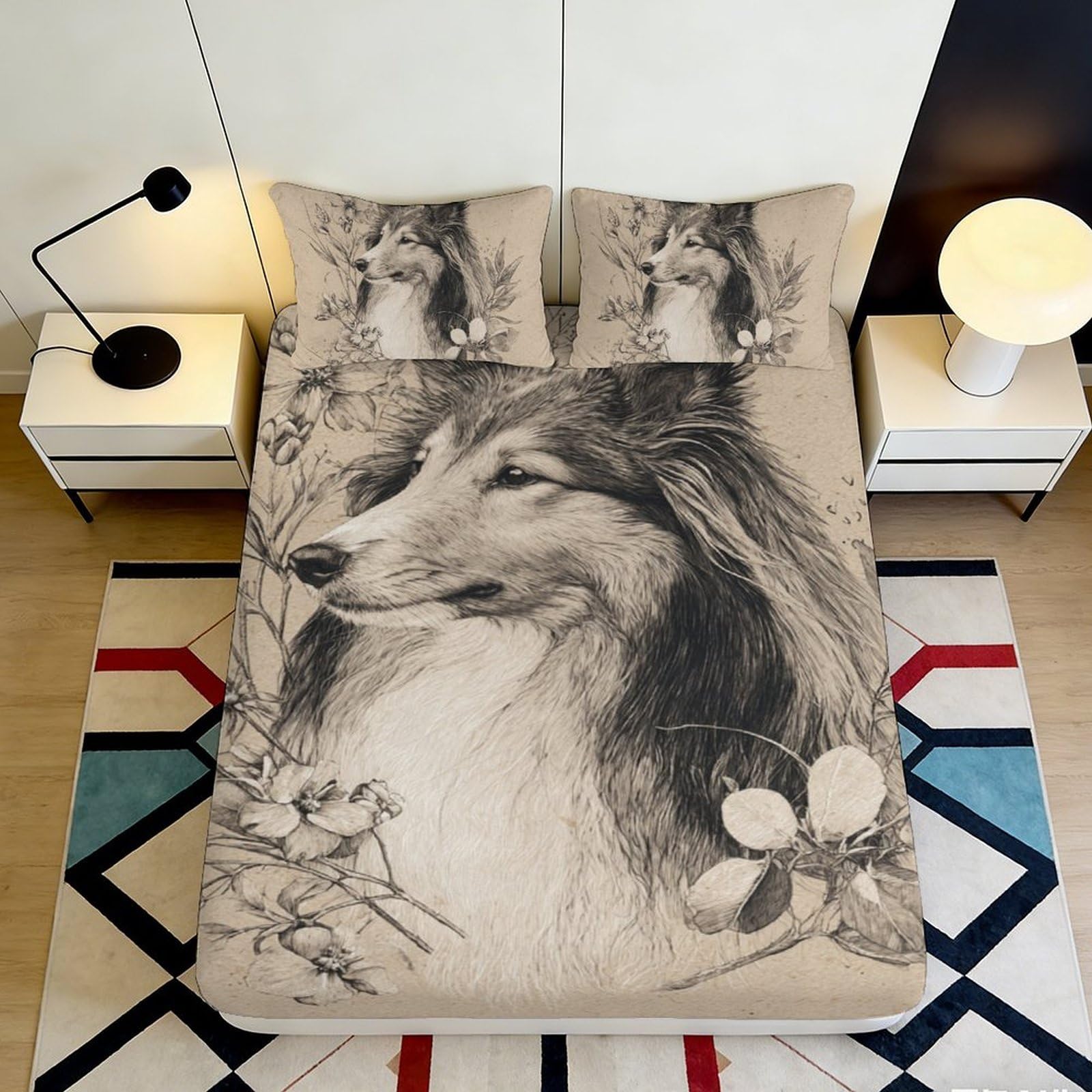 3D Printed Collie Dog Fitted Sheet Microfiber Animal Sketch Mattress Cover for Bedroom Guest Room Easy Care Decor 90x200x25cm