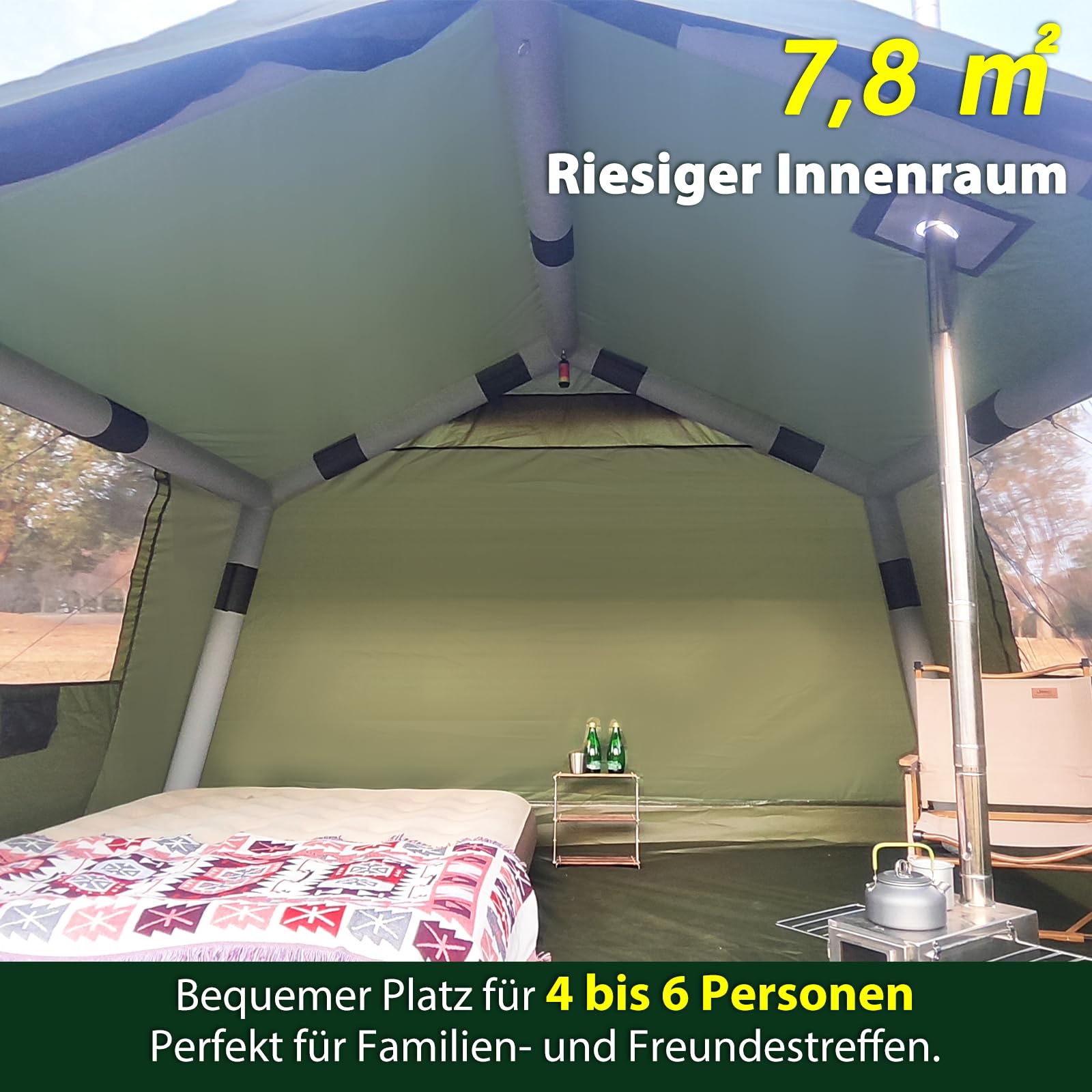 Tente de camping gonflable avec ouverture de cheminée, tente gonflable pour 4 à 6 personnes avec pompe à air, tentes gonflables en tissu Oxford imperméable pour les saisons, montage rapide