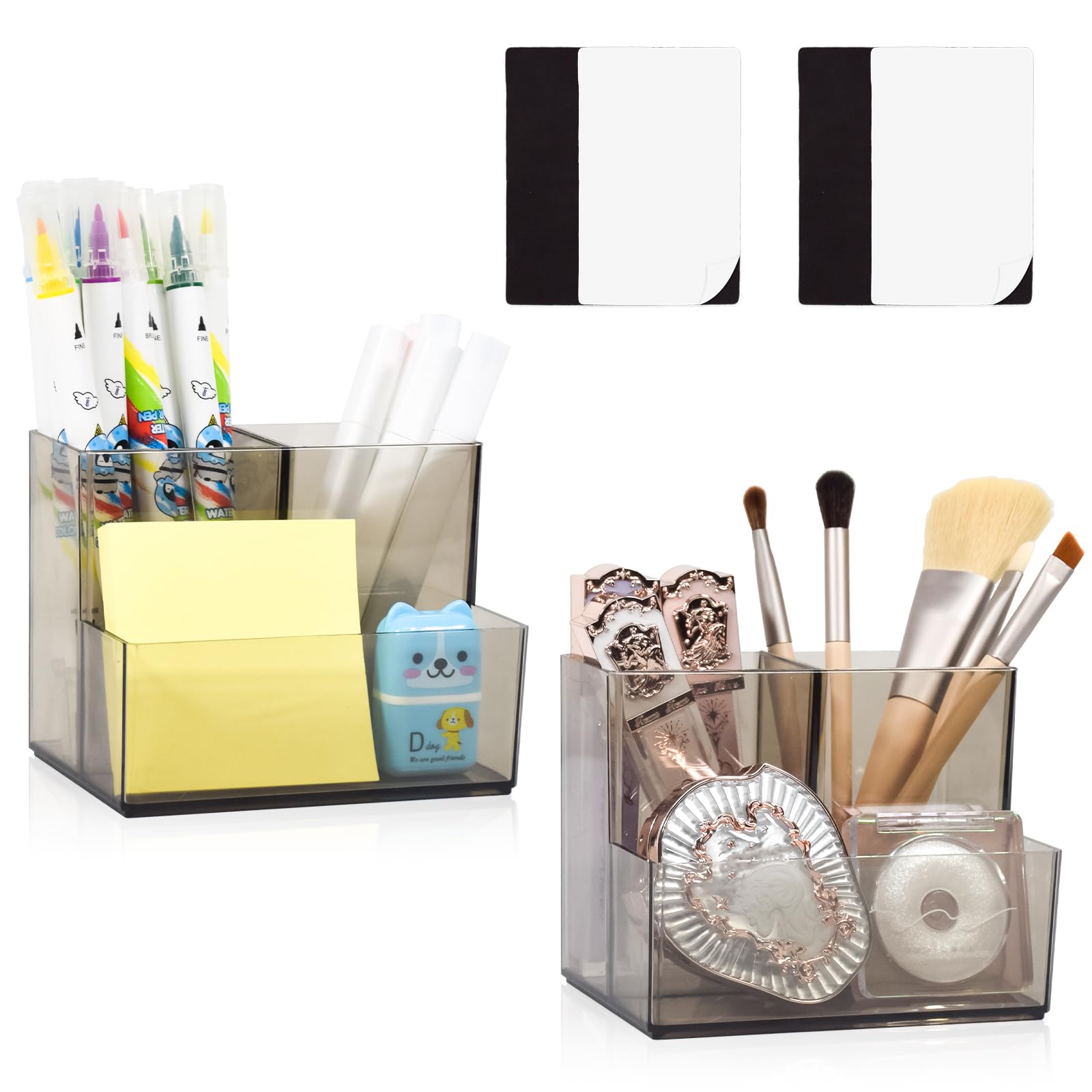 Marte Vanci Acrylic Pen Holder, Clear Pencil Pot Desk Organiser Makeup Brush Holder Storage for Stationery Office School Supplies Desktop Accessory 3 Slots Grey 2 Pack with 4 Magnetic Squares
