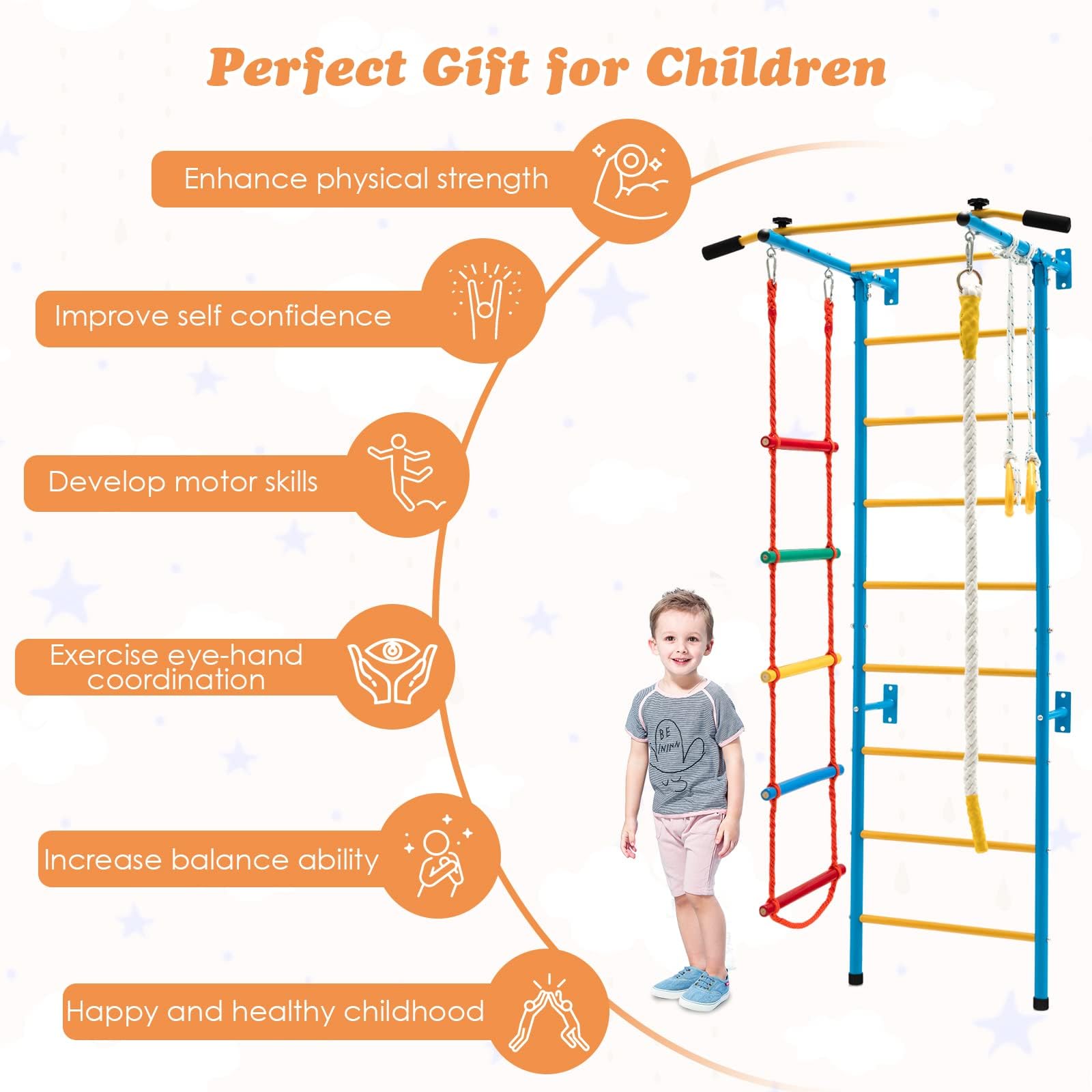 COSTWAY Échelle Murale Suédoise avec Barre de Traction & Échelle de Corde, Espalier Mural pour Enfants en Acier au Carbone avec Anneaux Gymnastique, Jeux d'escalade d'intérieur pour 3 Ans+