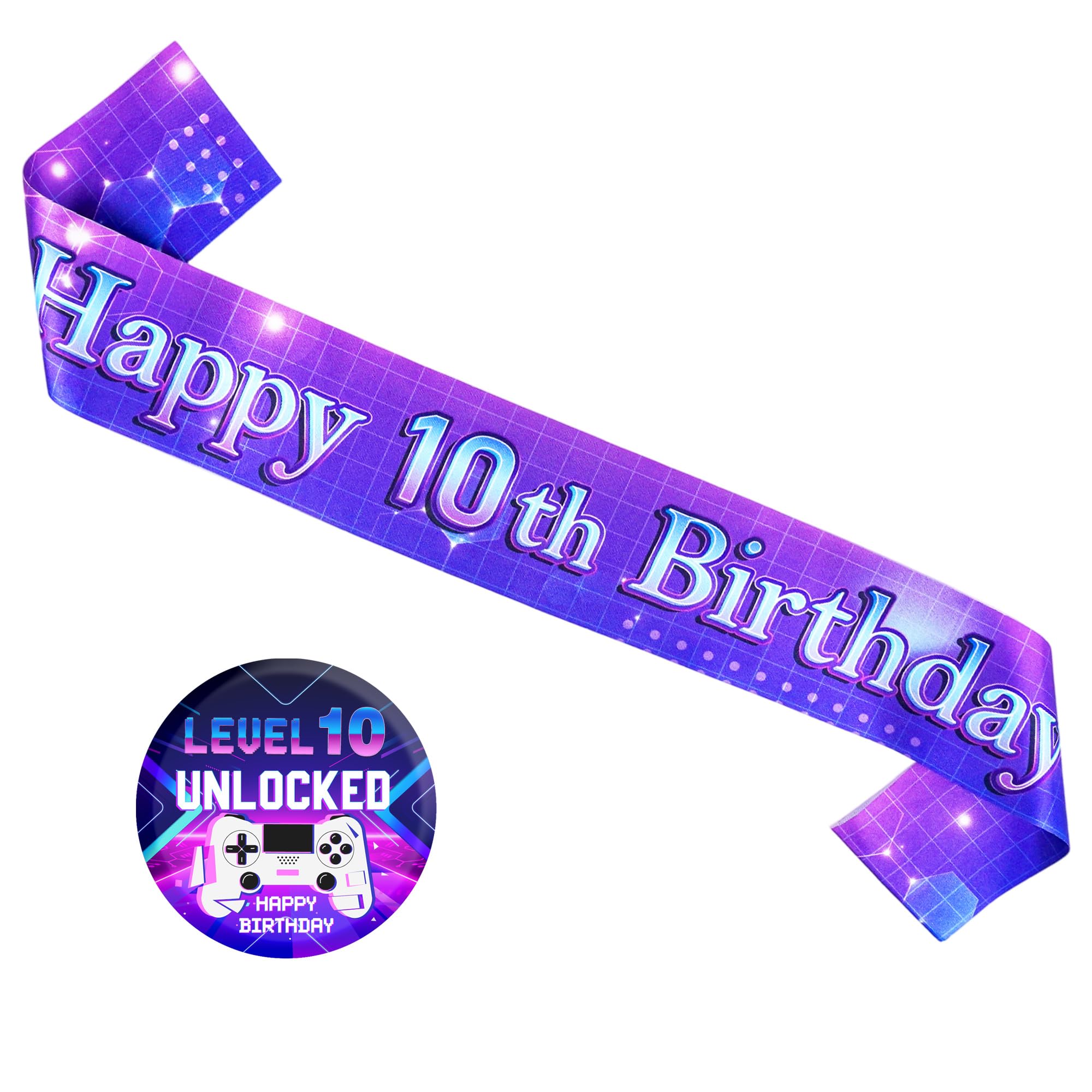 Happy 10th Birthday Sash Badge Set, Neon Purple Gaming Level 10 Unlocked