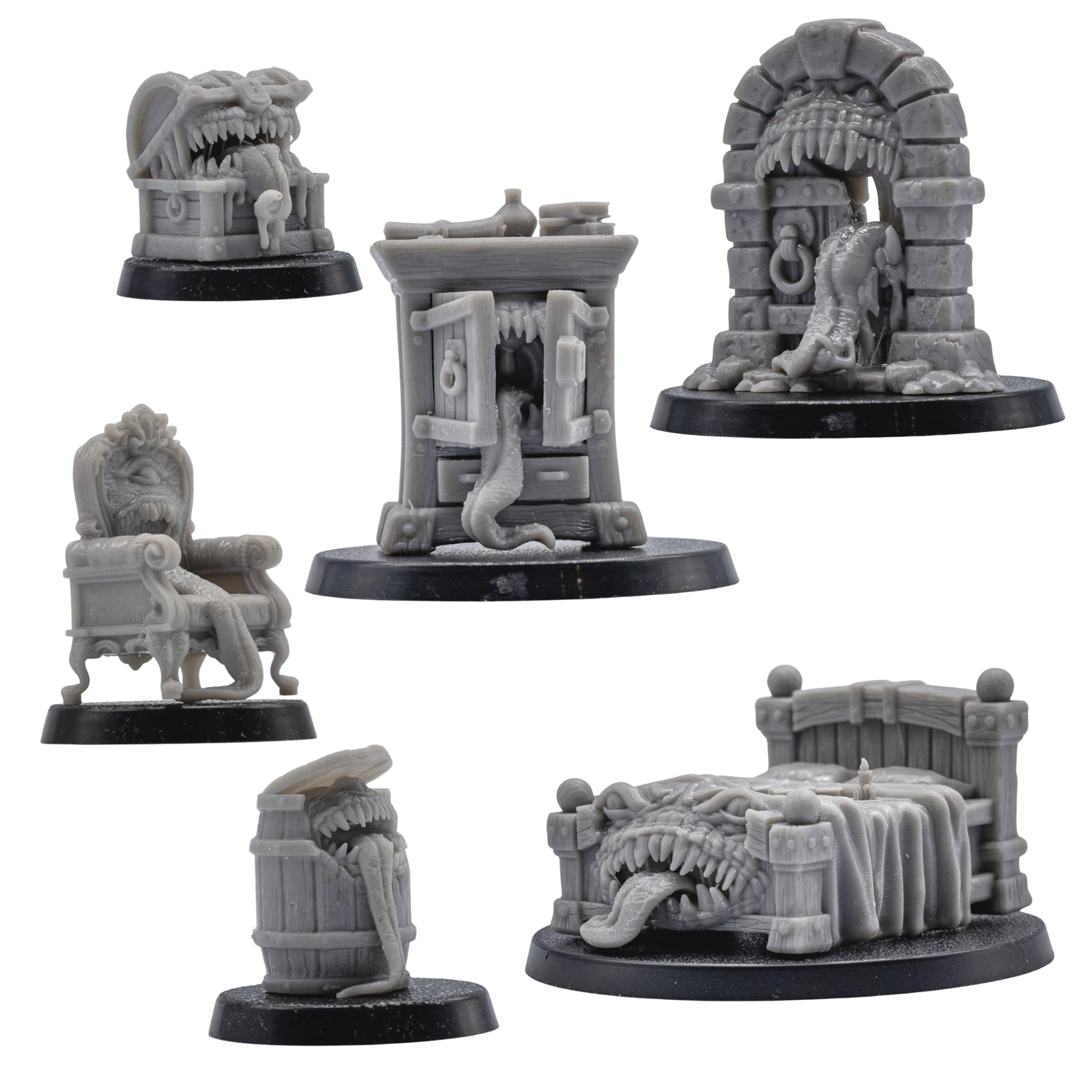 Mimic Monsters Miniatures Set - 6 Dungeon Object Creatures for Tabletop RPGs | 32mm Fantasy Monsters | DnD, Pathfinder, Wargames | Forged Path Miniatures | Grey Resin Models for Gamers
