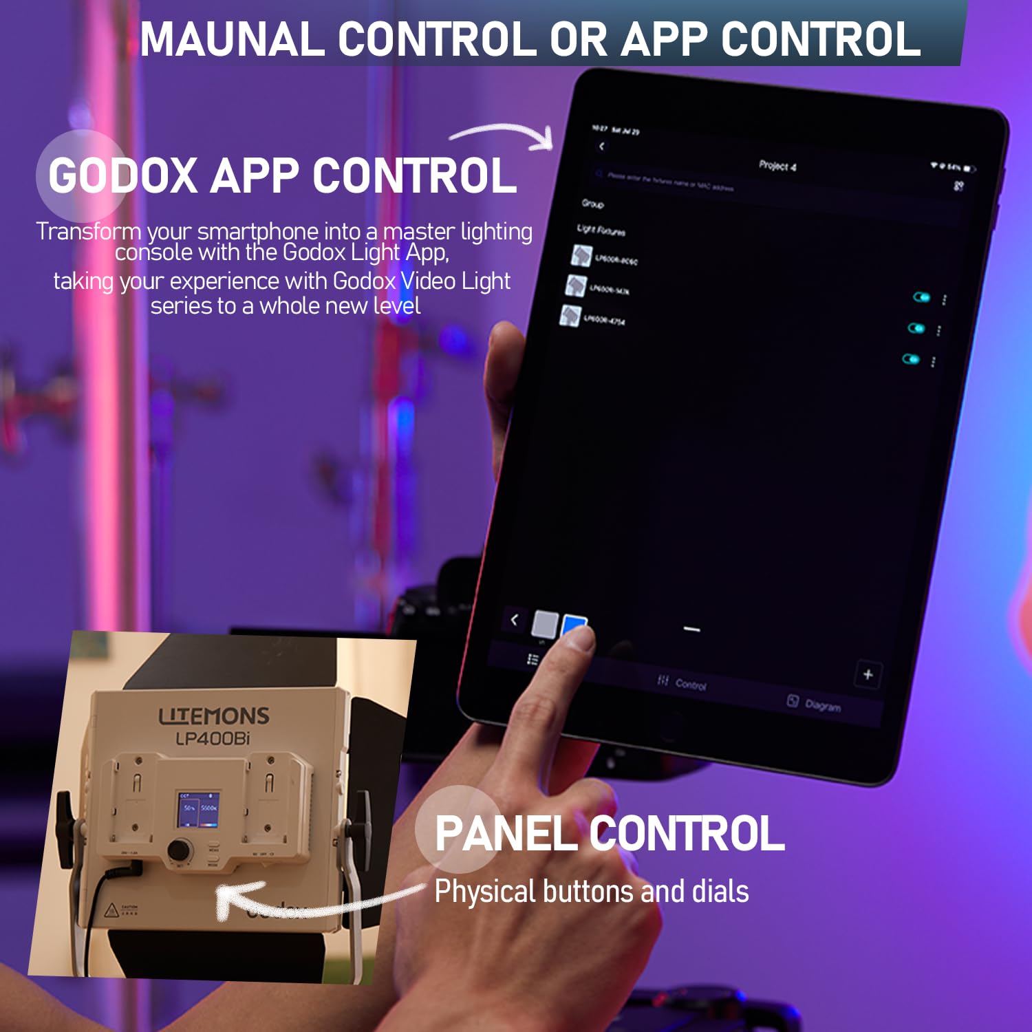 Godox LP400BI LED Video Light Panel, 36 W, dimmerabile, Bi-Color 2800 K-6500 K, CRI≥96 TLCI ≥96, con 11 modalità FX, supporto APP per gaming, streaming zoom, studio fotografico, registrazione video