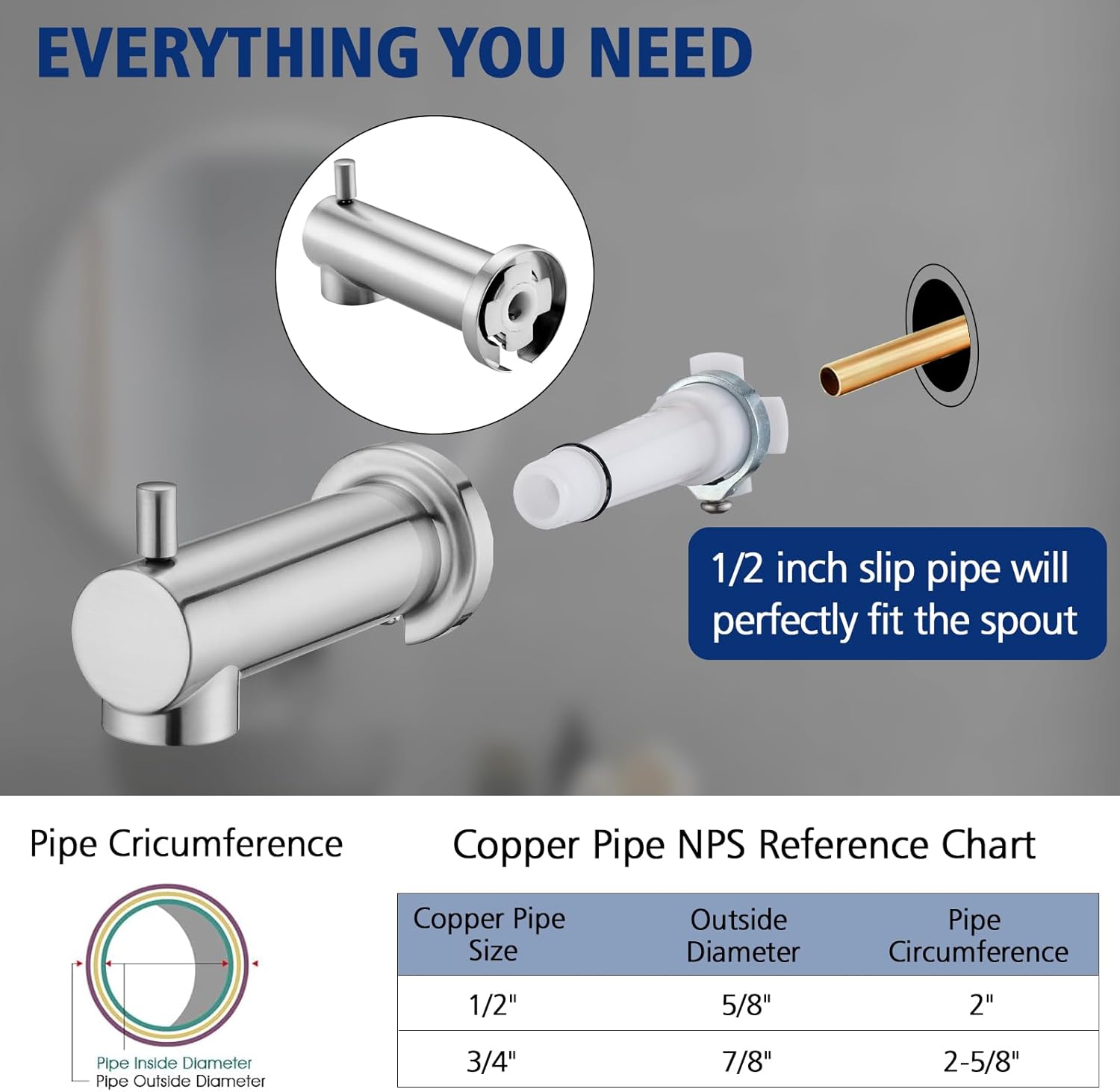 Slip on Tub Spout with Diverter Universal Tub Diverter Spout for 1/2" Copper Water Pipe, Brushed Nickel