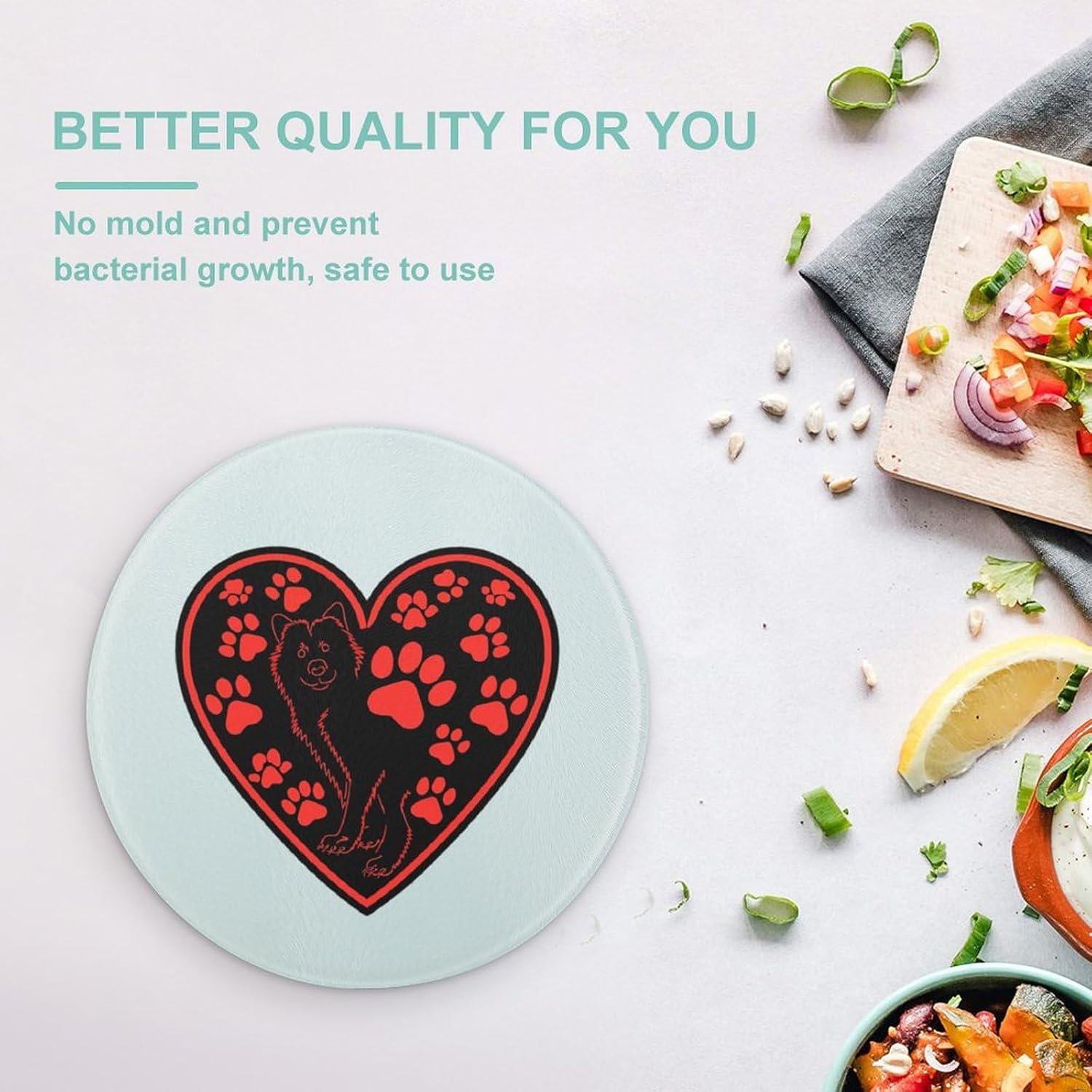 Heart with Dog Paw Prints Kitchen Cutting Board Glass Chopping Block for Meat Vegetables and Fruits Ideal Home Gifts