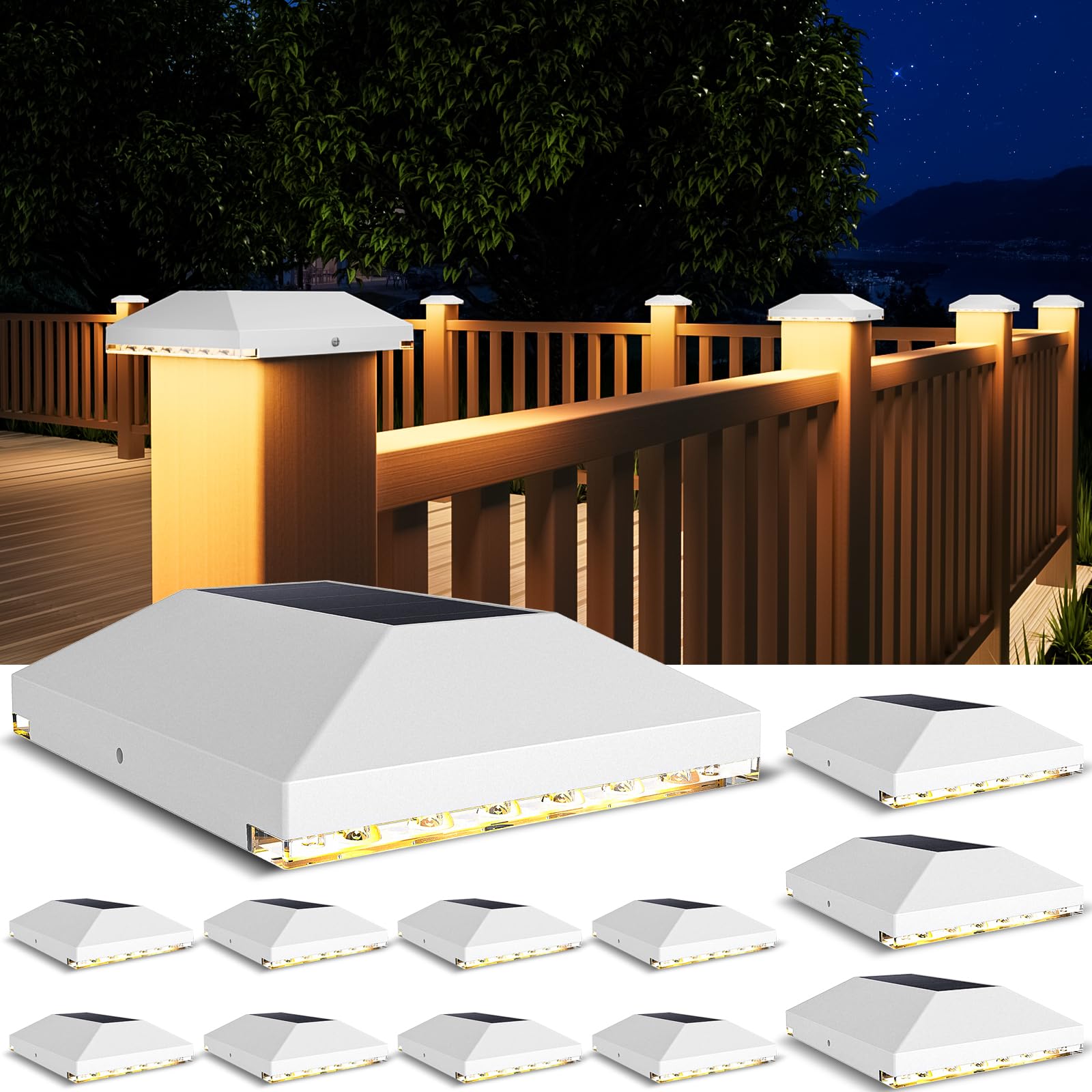VOLISUN 4x4 Solar Fence Post Lights Outdoor 12pack,Cap Light for 4x4 Wooden/Vinyl Post,White Deck Cap Light Solar Powered for Garden/Patio/Porch