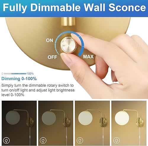 Miniatura 2 de Apliques de pared regulables enchufables, luces de pared con brazo oscilante con cable de enchufe e interruptor de perilla de encendidoapagado
