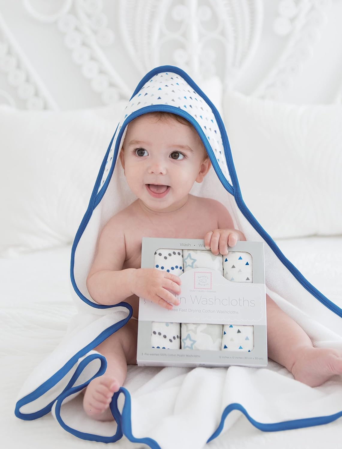 SwaddleDesigns Cotton Muslin Washcloths, Set of 3, Starshine Shimmer, Blue