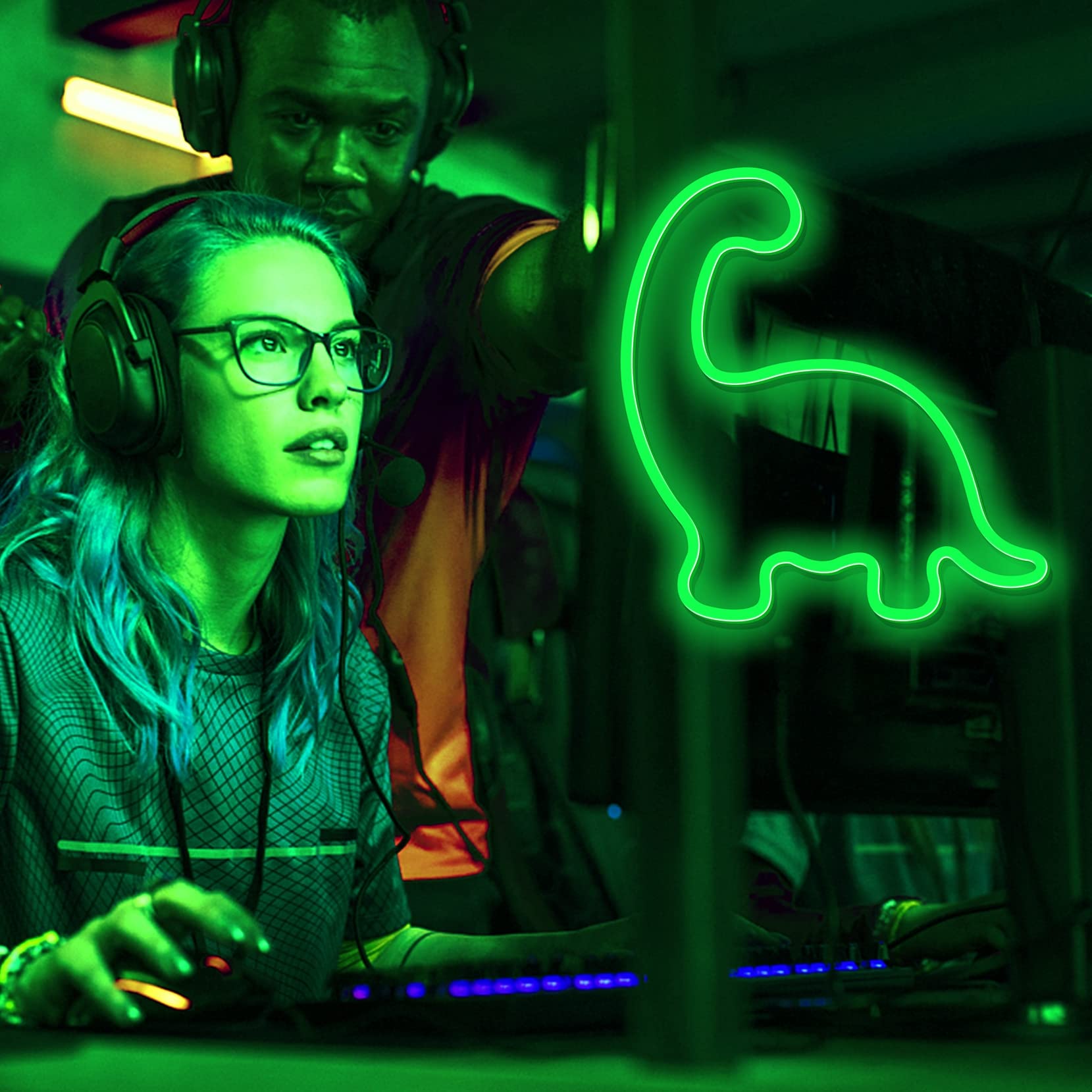 Carino Dinosauro a LED Neon Luce per Bambini Regali di Dinosauro Neon segni alimentati per Bambini per Bambini Decorazioni da Parete,Verde