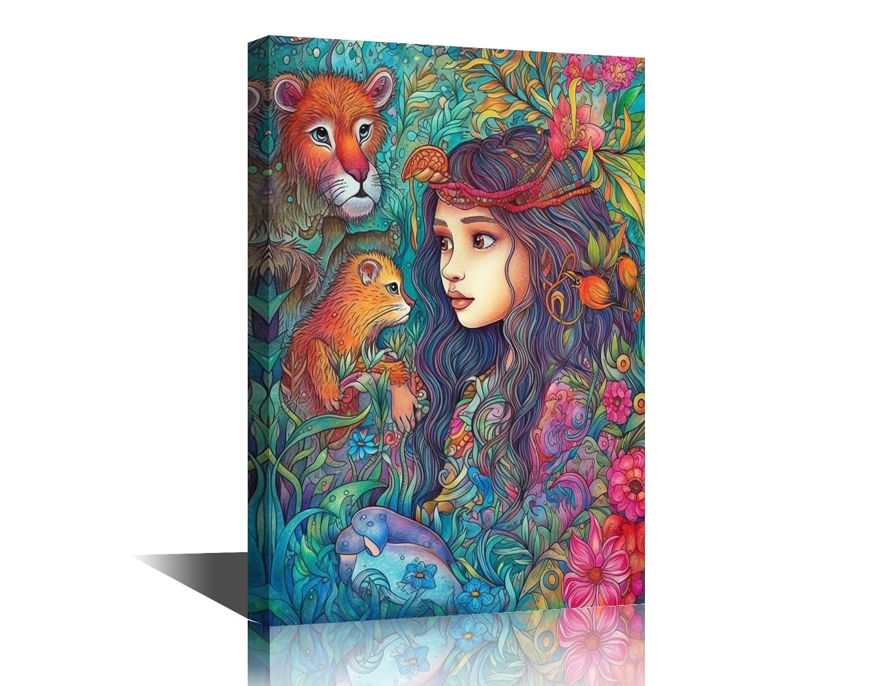 TISHIRON Canvas Art Print Enchanted Guardian of the Jungle A Woman Harmoniously Living with Diverse Wildlife Lush Green Canvas Decor for Home Office(36" Wx24 H)