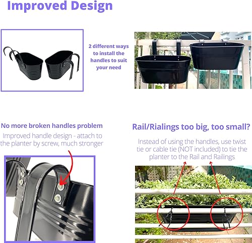 Miniatura 5 de LaLaGreen - Maceta de barandilla para plantas al aire libre (11.2 pulgadas, paquete de 2) macetas colgantes de hierro de metal negro para colgar en