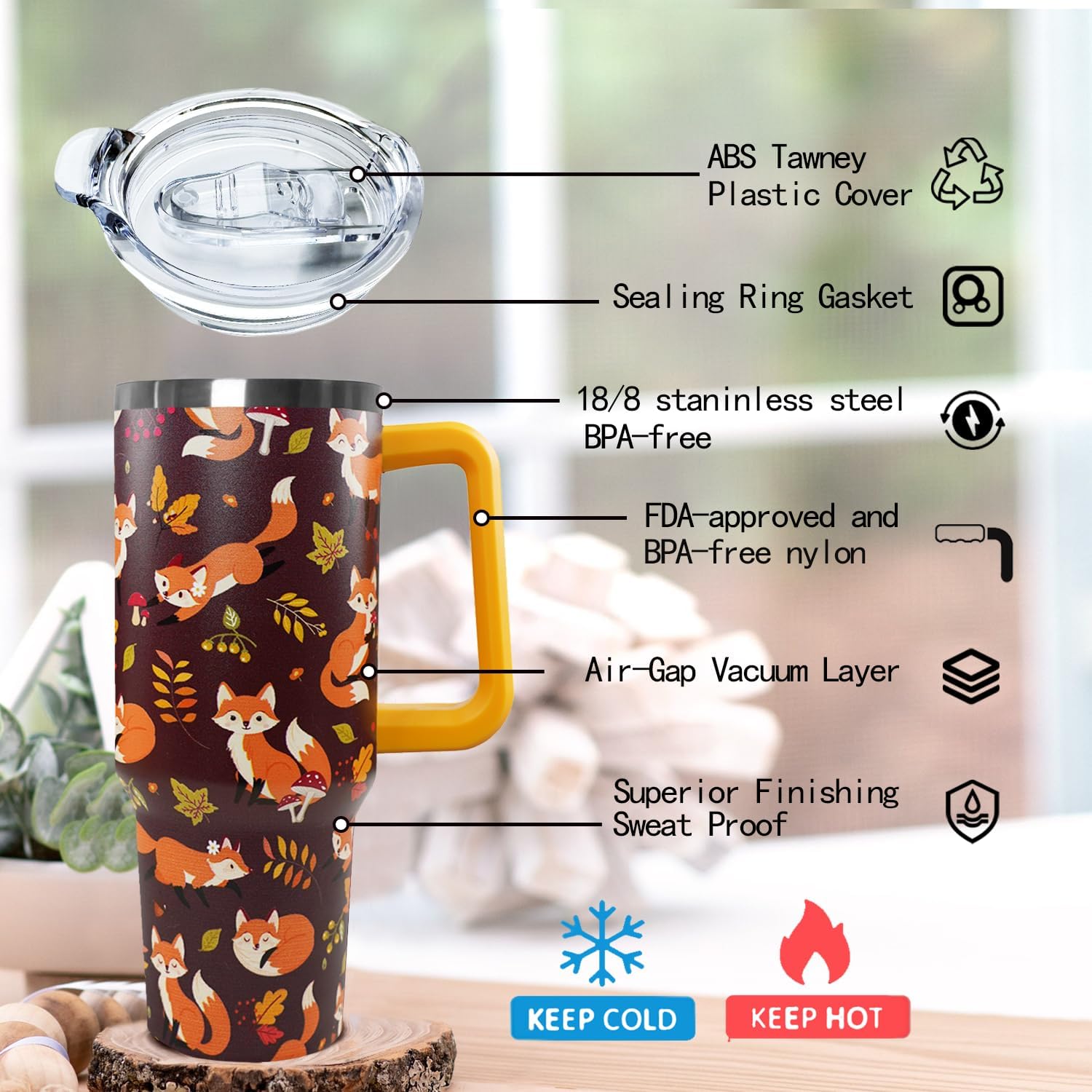 Ceovfoi 40 oz Fall Fox Tumbler With Lid and Straw, Travel Mug Cup Water Bottle, Gifts for Fox Lovers, Decor Accessories - Image 3